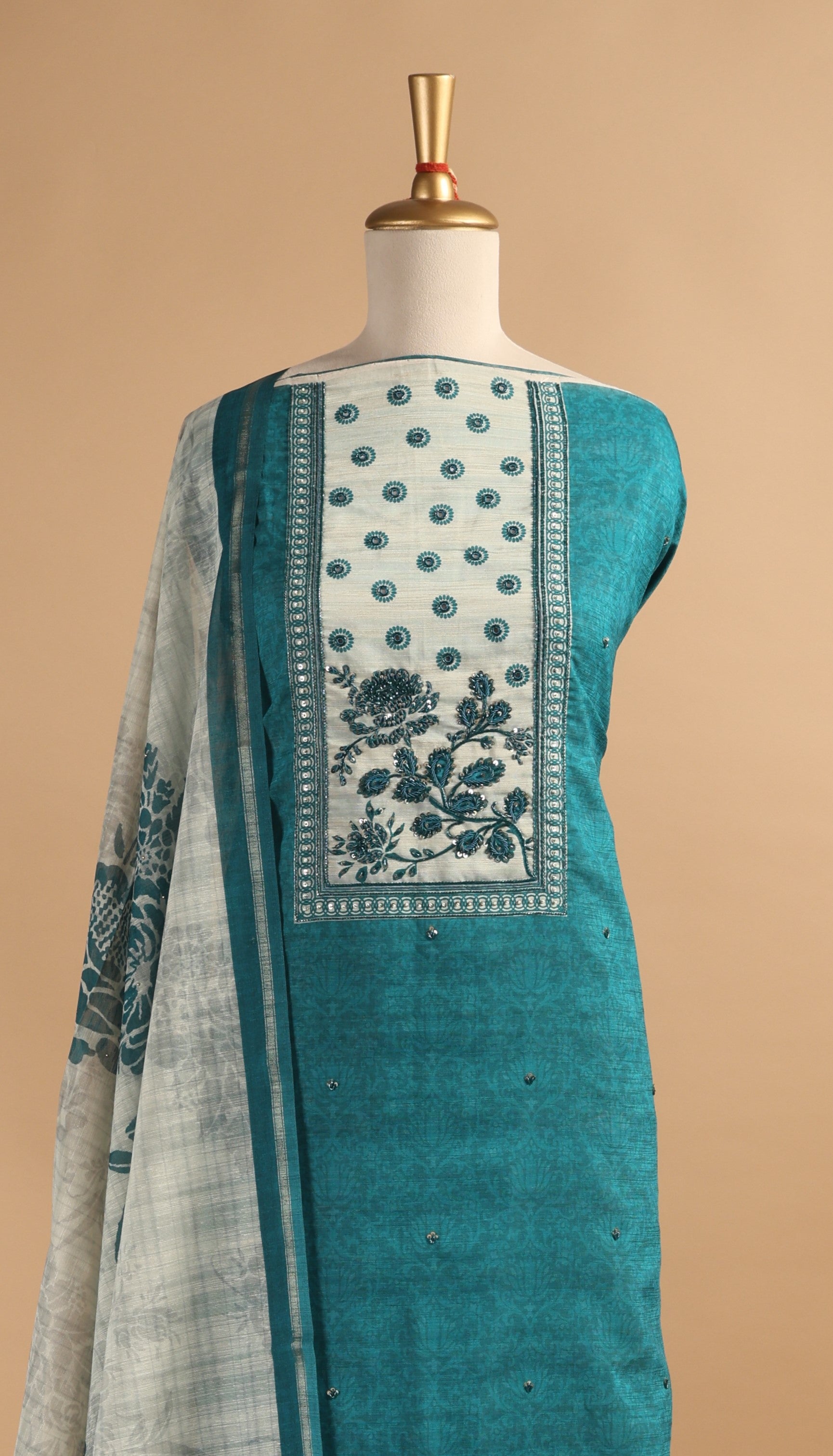 Emerald Green Digital Printed Unstitched Linen Suit Set with Mirror & Zardozi Work  Description: