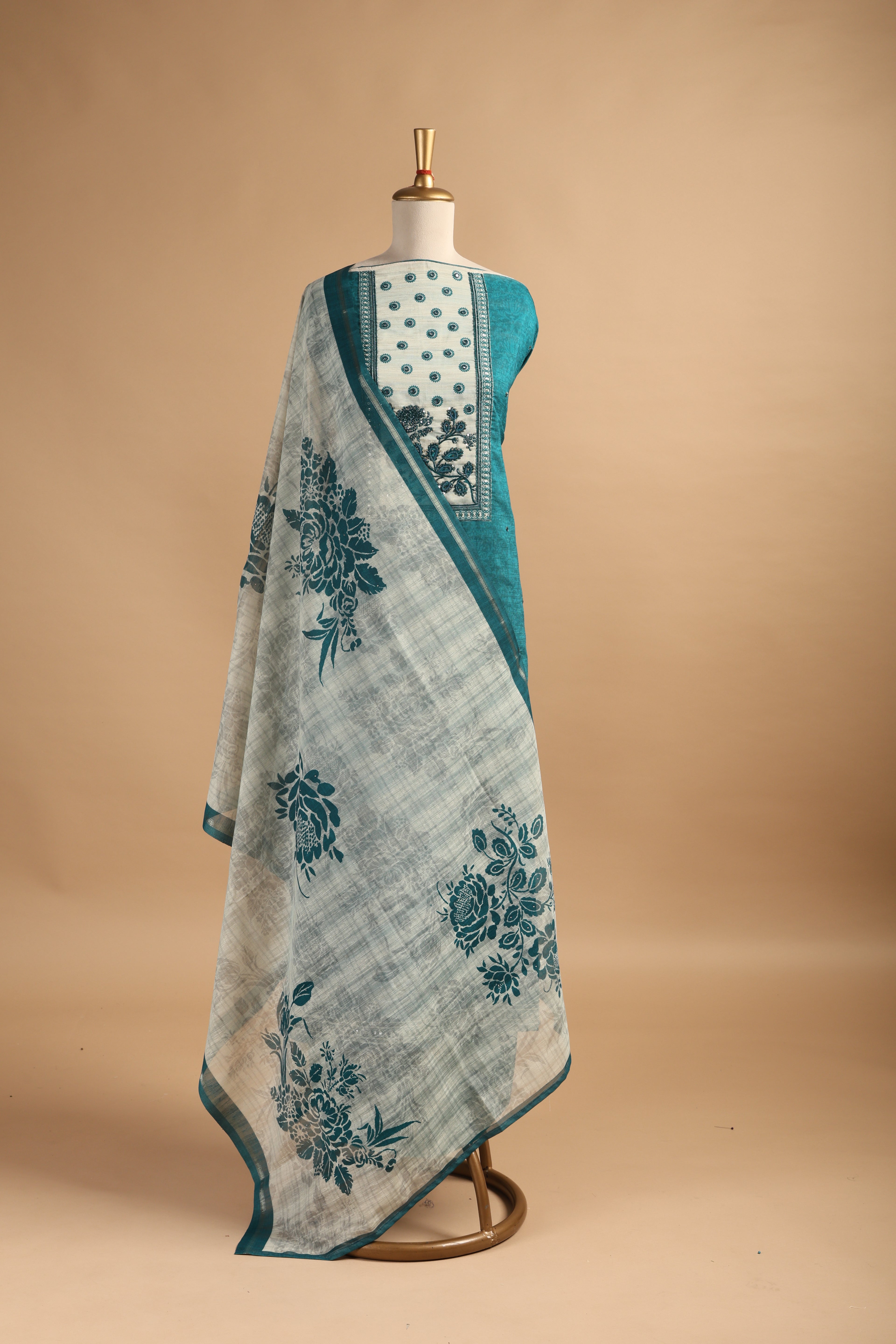 Emerald Green Digital Printed Unstitched Linen Suit Set with Mirror & Zardozi Work  Description: