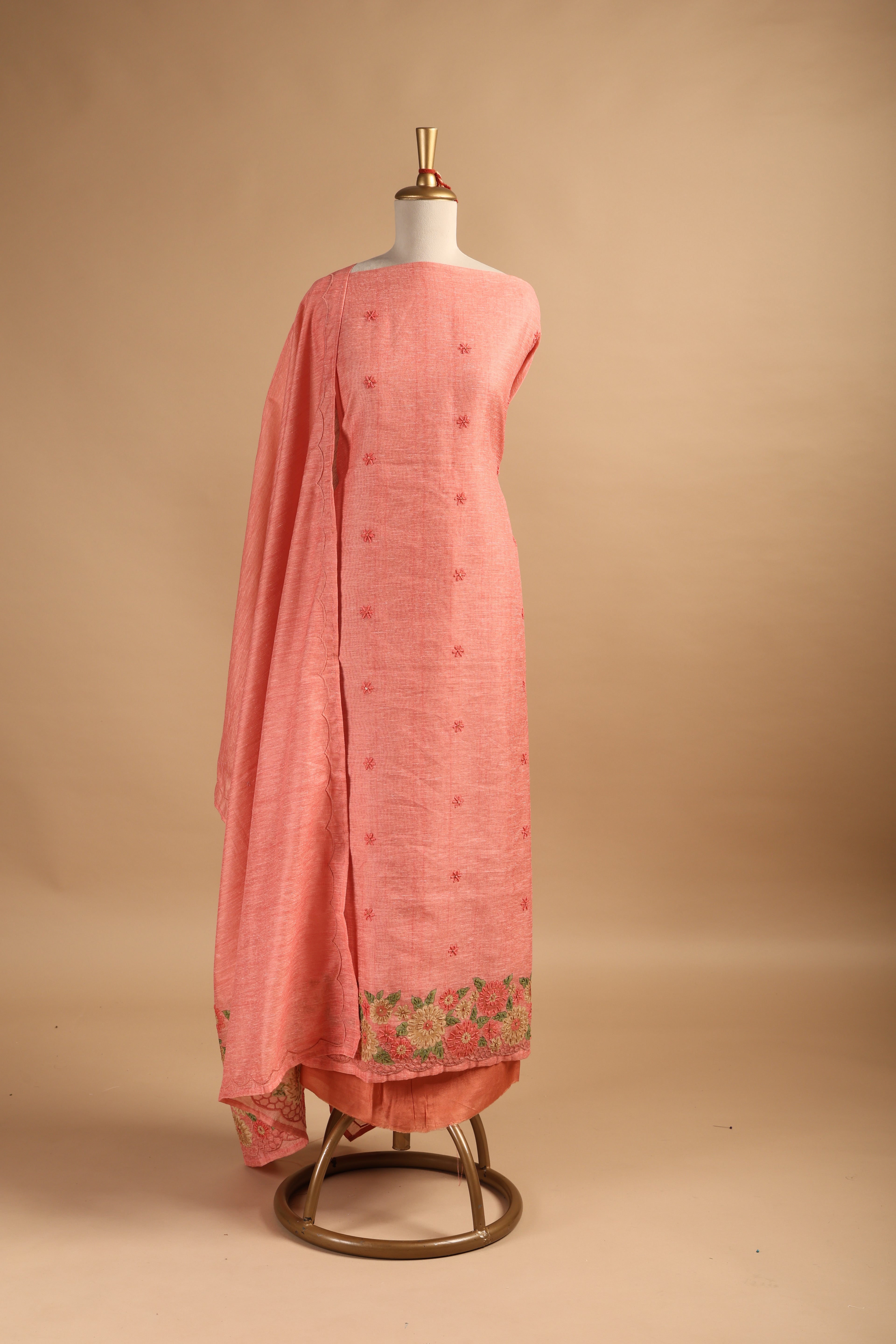 Peach Jamdani Unstitched Suit Set with Hand Embroidery