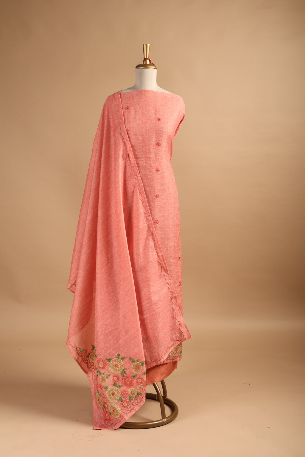 Peach Jamdani Unstitched Suit Set with Hand Embroidery
