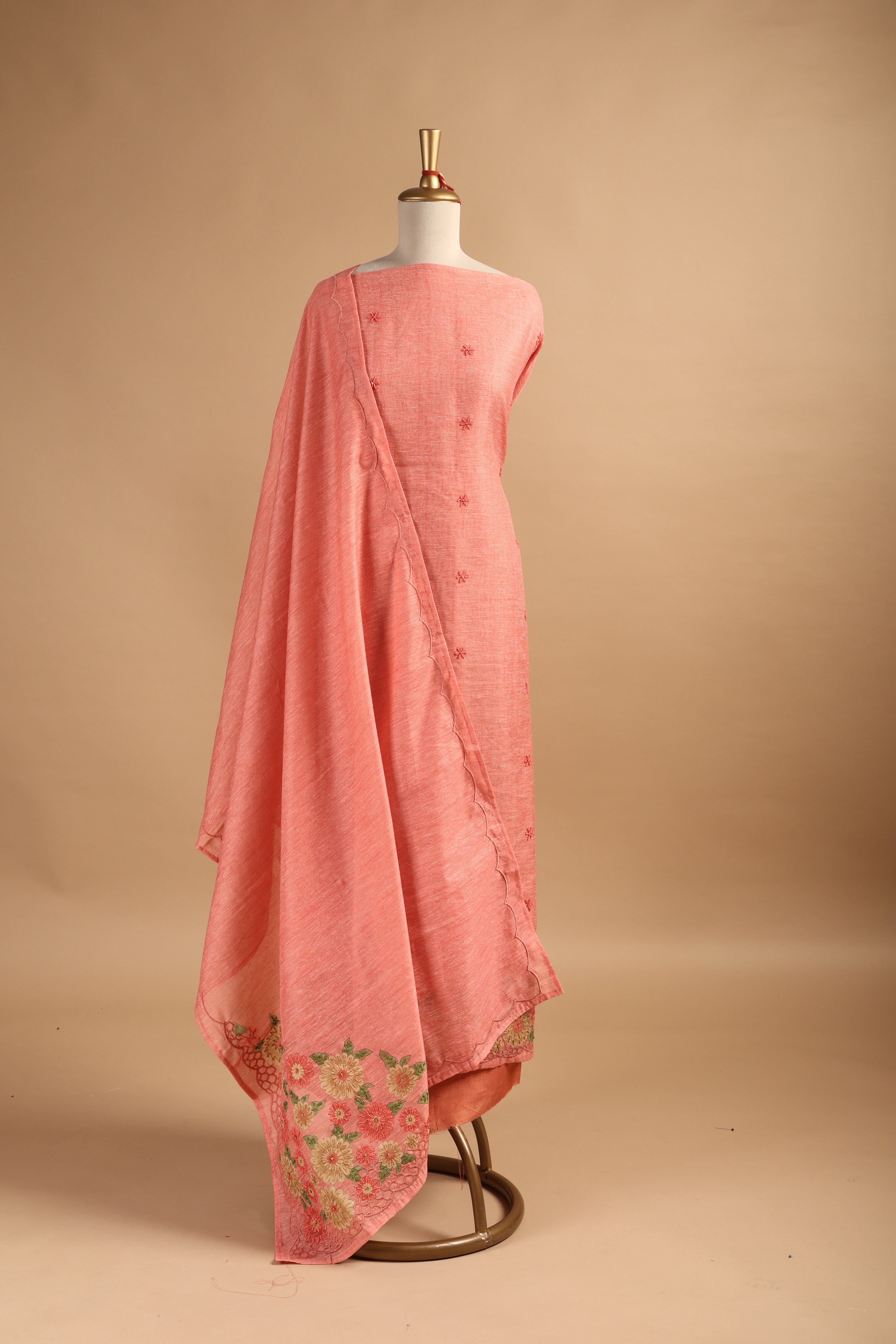 Peach Jamdani Unstitched Suit Set with Hand Embroidery