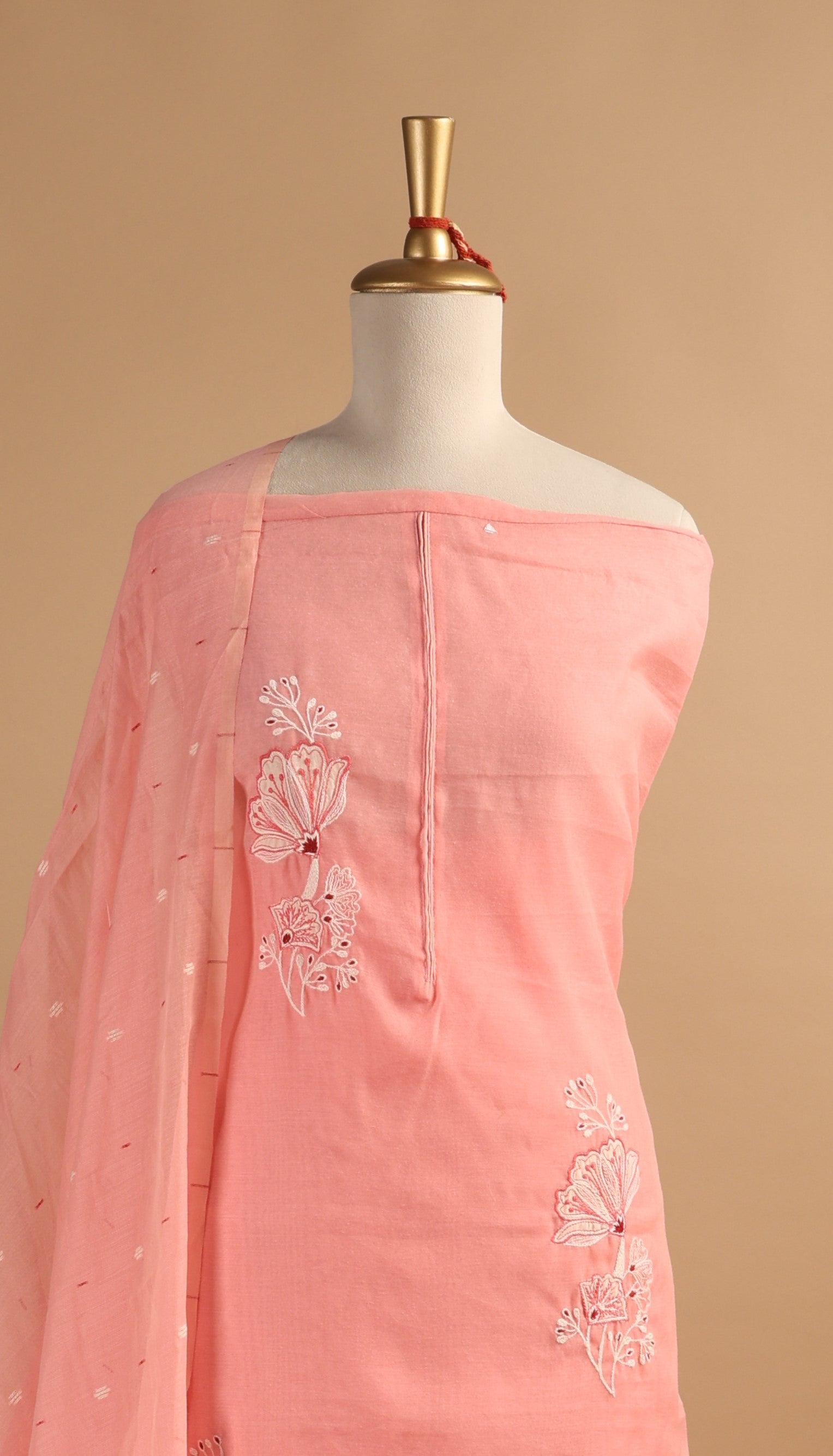 Peach Jamdani Weave Unstitched 3-Piece Suit Set in Chanderi