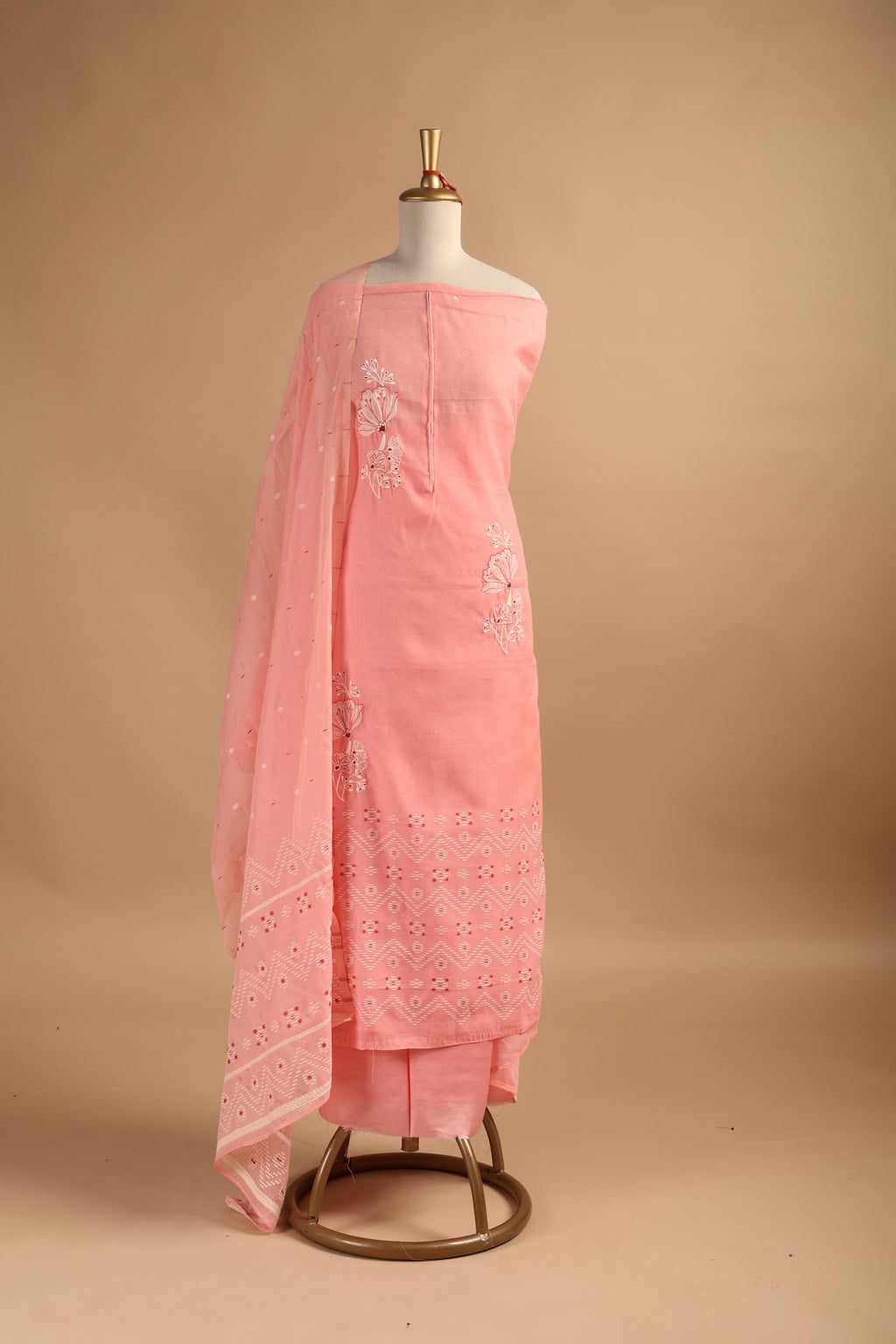 Peach Jamdani Weave Unstitched 3-Piece Suit Set in Chanderi