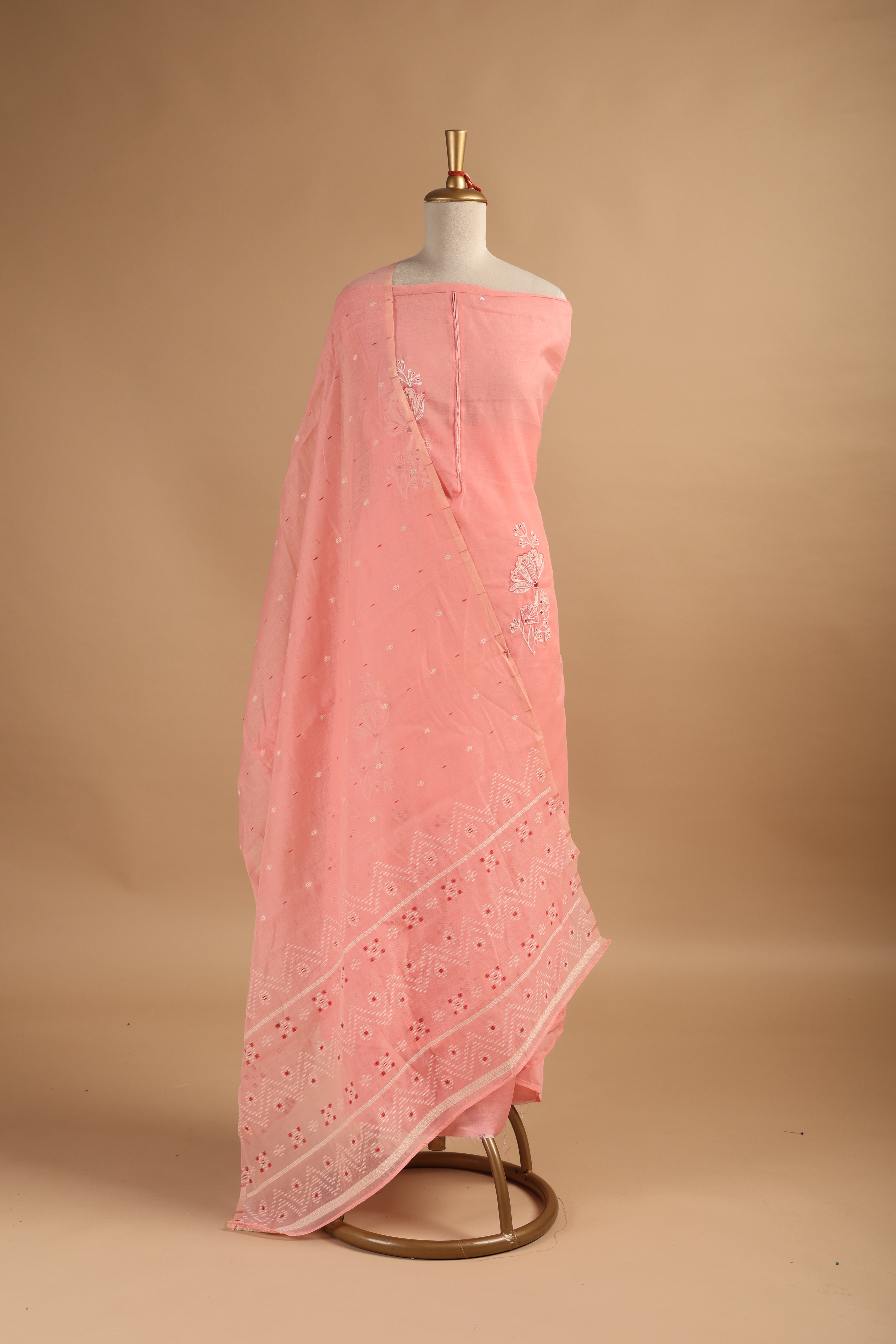 Peach Jamdani Weave Unstitched 3-Piece Suit Set in Chanderi