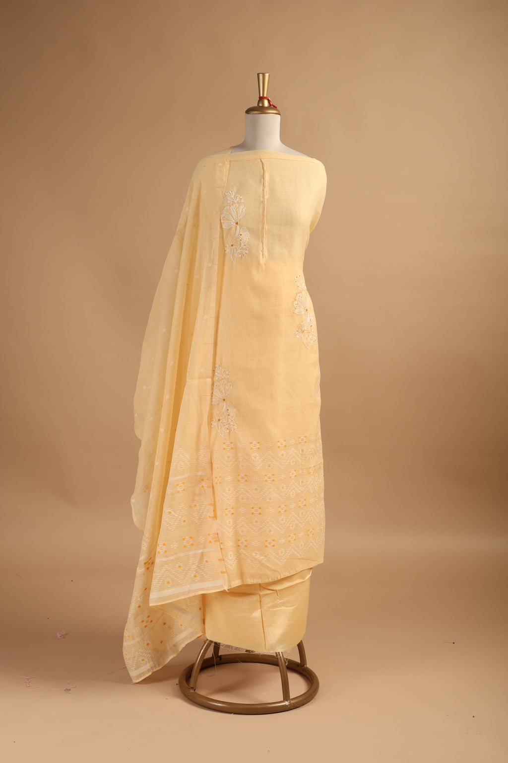 Lemon Yellow Jamdani Weave Unstitched 3-Piece Suit Set in Chanderi
