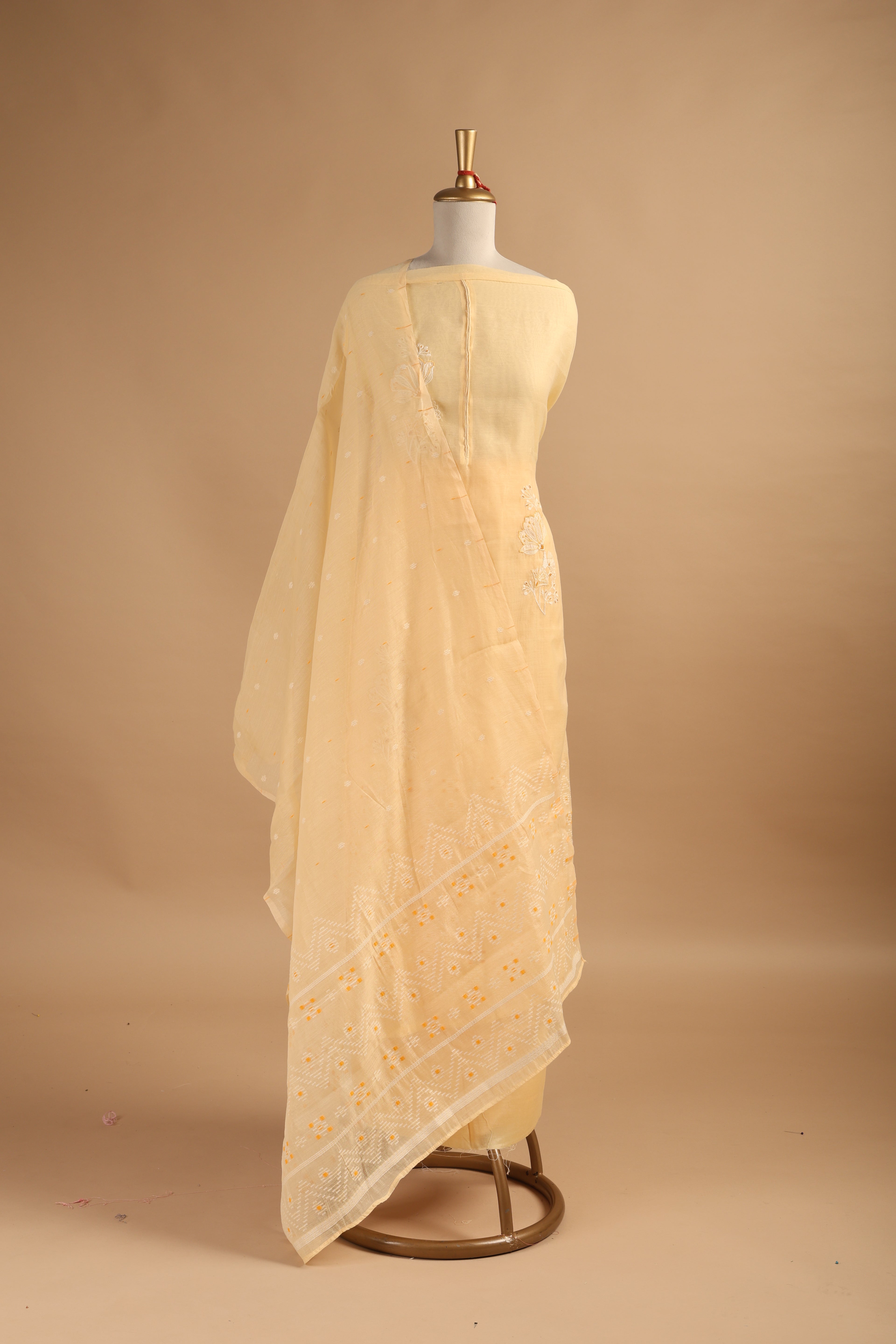 Lemon Yellow Jamdani Weave Unstitched 3-Piece Suit Set in Chanderi