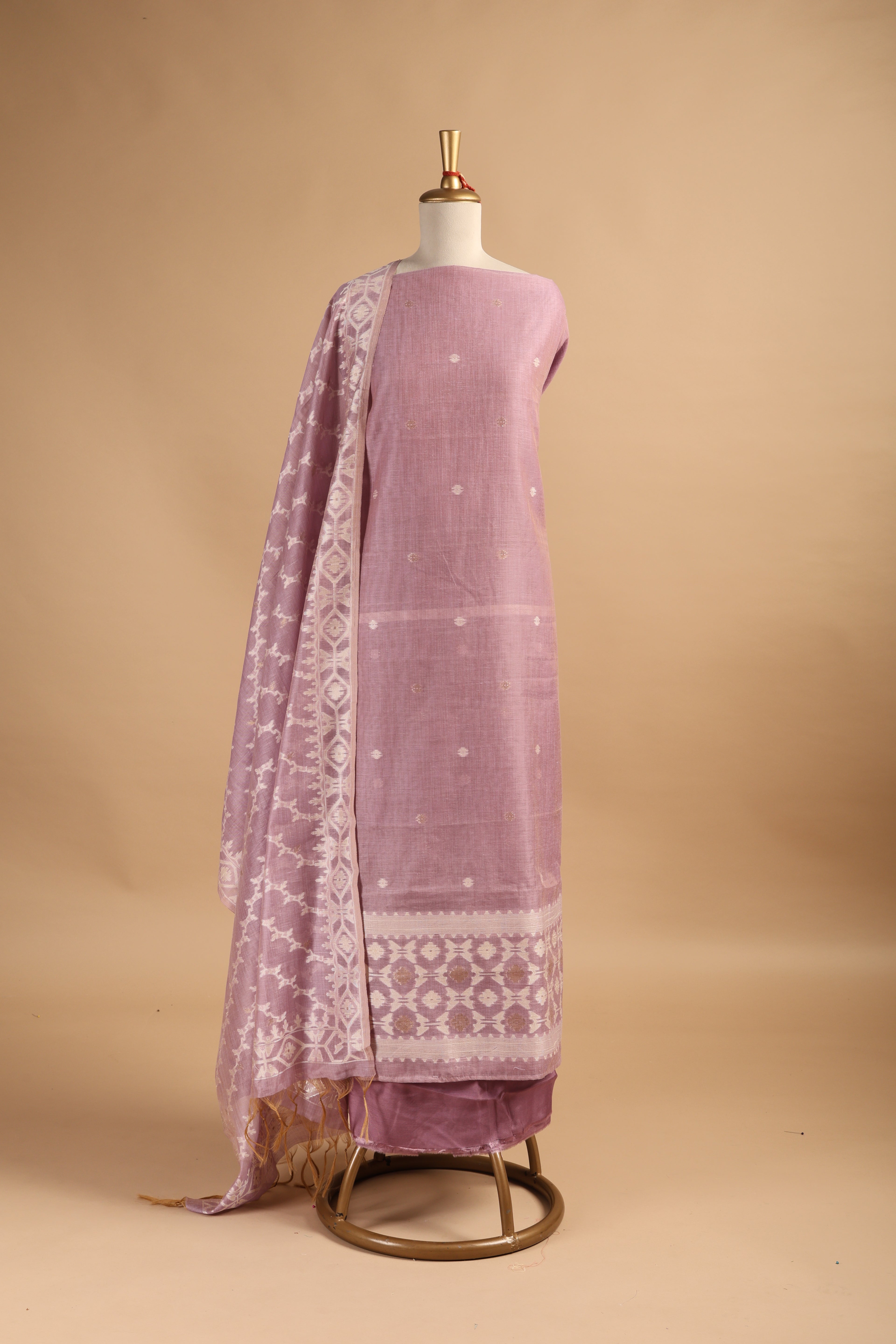Lilac Jamdani Weave Unstitched 3-Piece Suit Set in Chanderi
