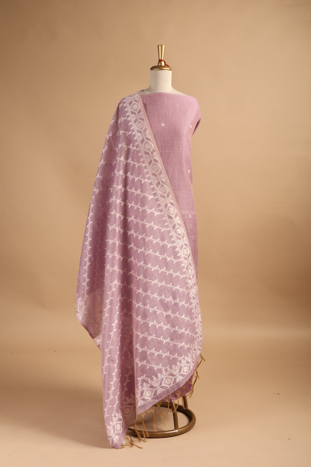 Lilac Jamdani Weave Unstitched 3-Piece Suit Set in Chanderi