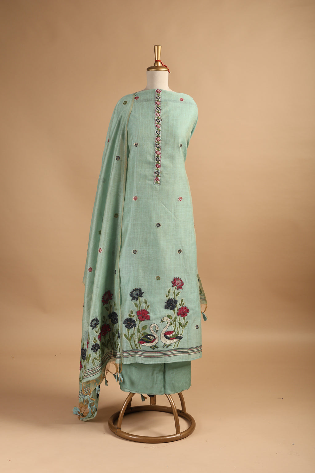 Green Jamdani Unstitched Suit Set in Chanderi with Embroidery