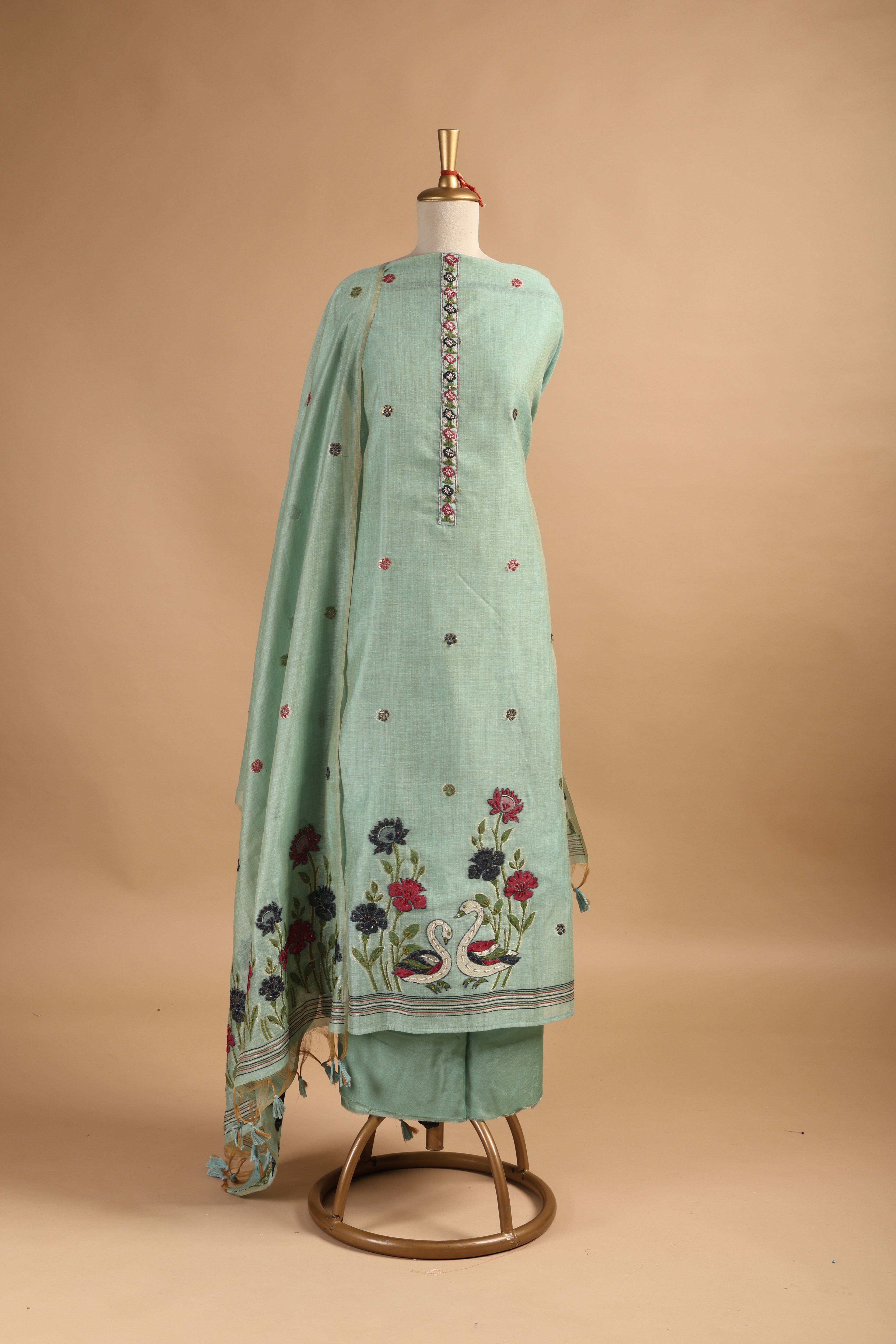Green Jamdani Unstitched Suit Set in Chanderi with Embroidery