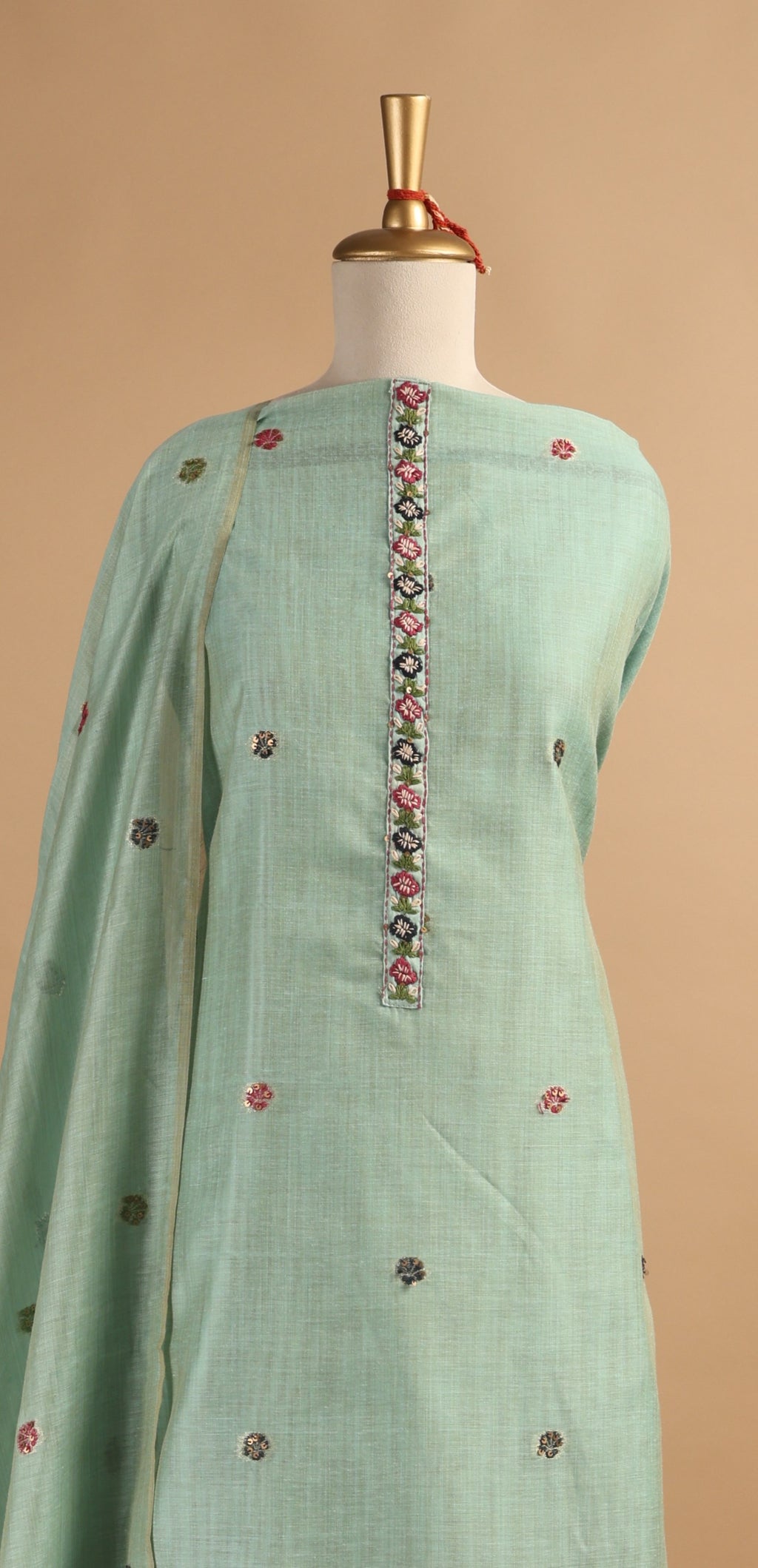 Green Jamdani Unstitched Suit Set in Chanderi with Embroidery