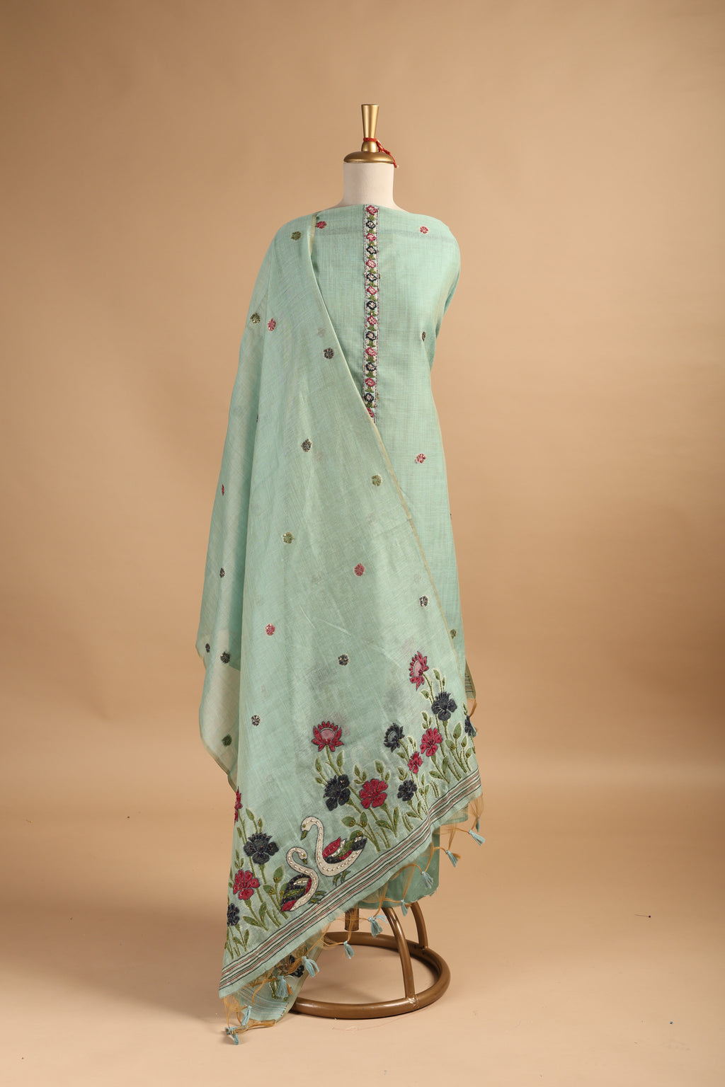 Green Jamdani Unstitched Suit Set in Chanderi with Embroidery