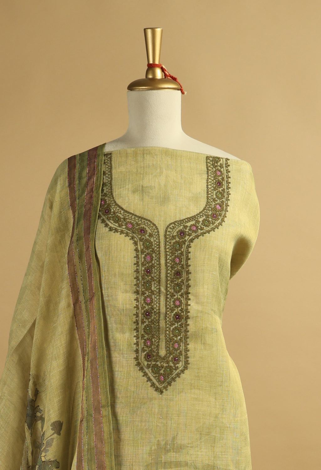 Lime Green Jamdani Unstitched Suit Set in Tissue Linen with Embroidery