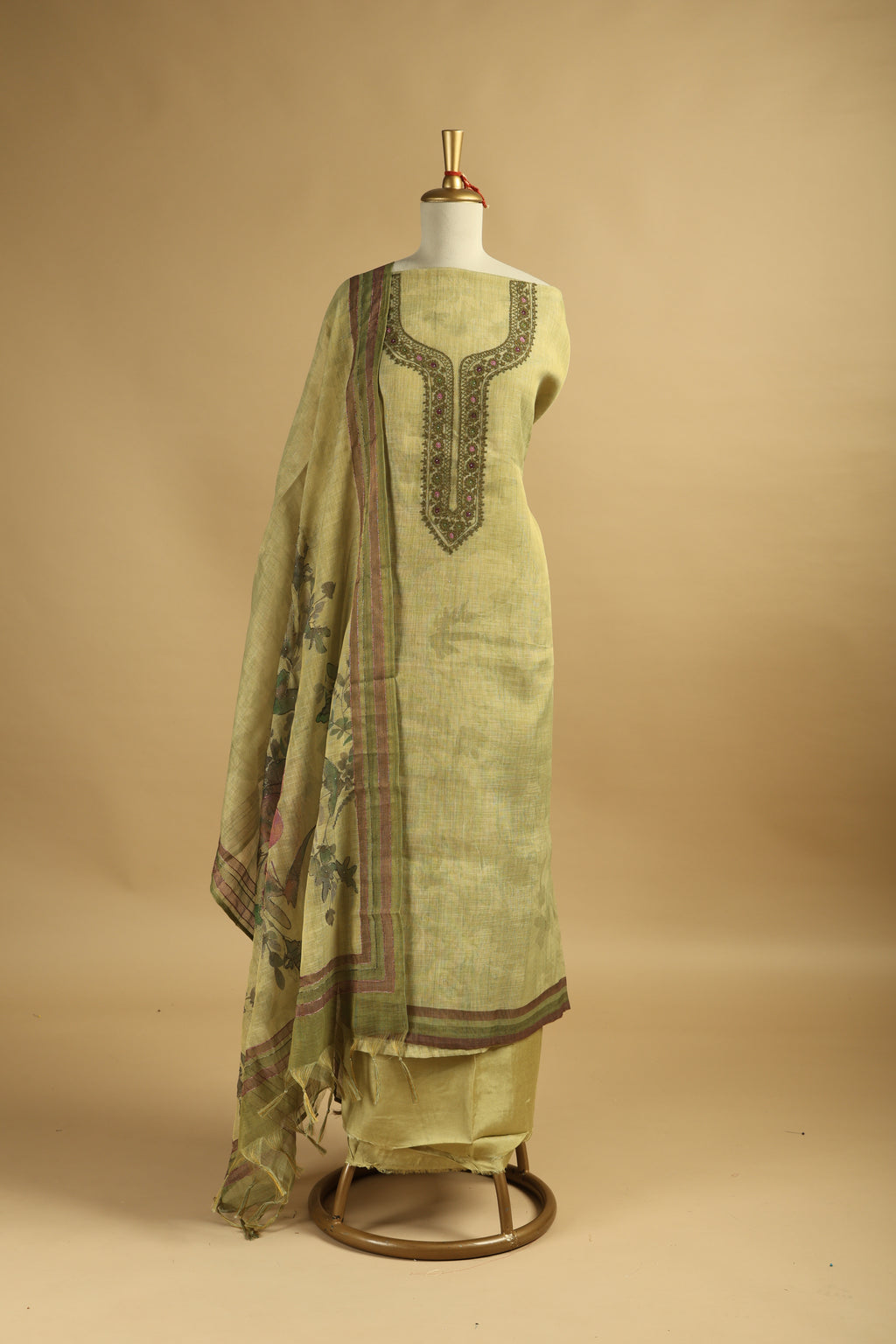 Lime Green Jamdani Unstitched Suit Set in Tissue Linen with Embroidery