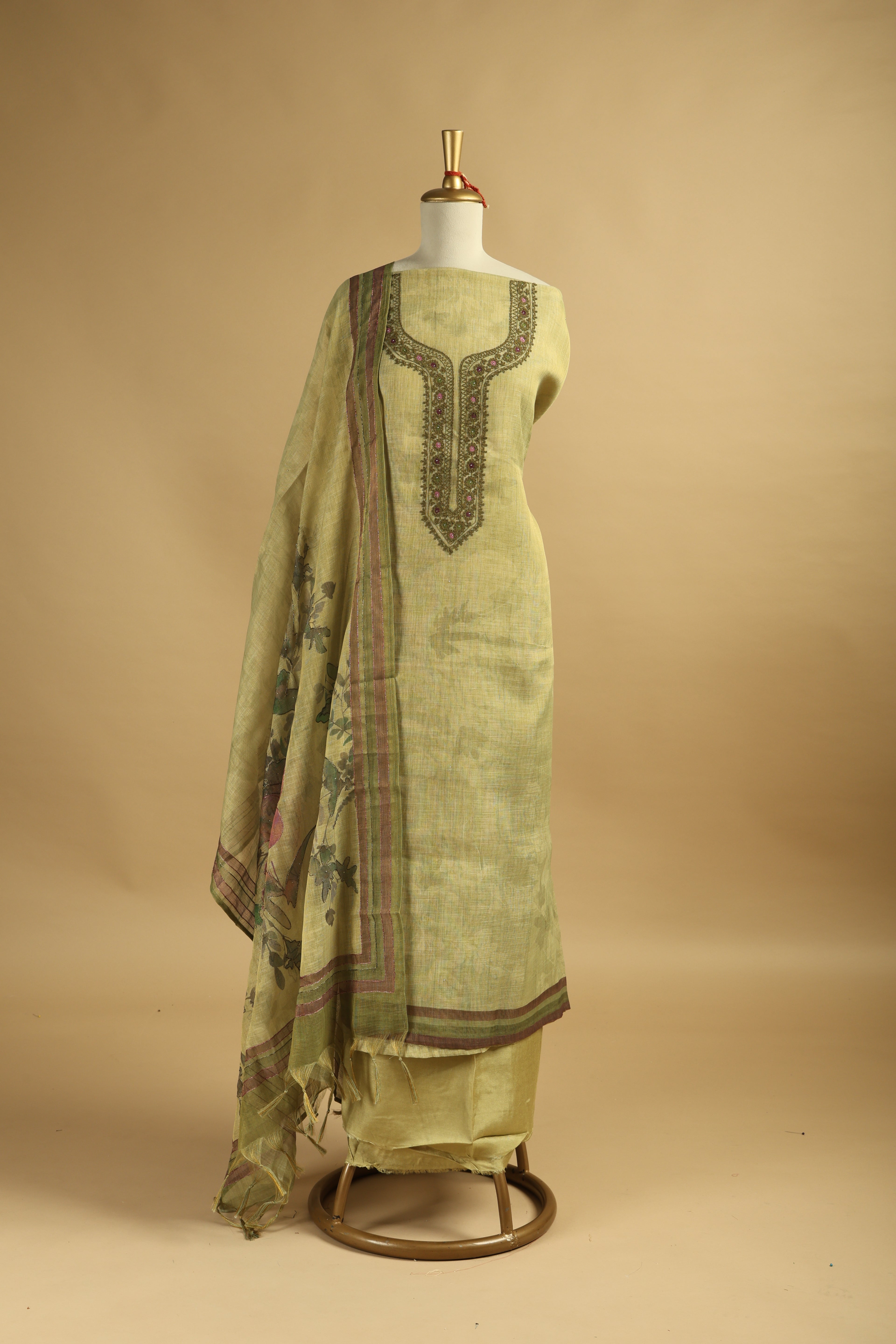Lime Green Jamdani Unstitched Suit Set in Tissue Linen with Embroidery