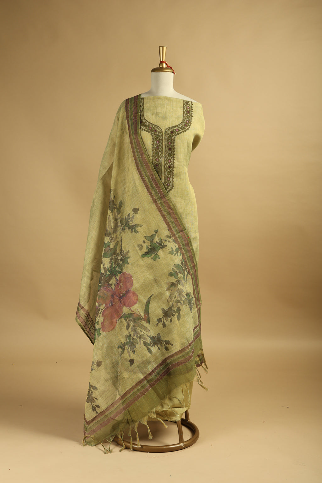 Lime Green Jamdani Unstitched Suit Set in Tissue Linen with Embroidery