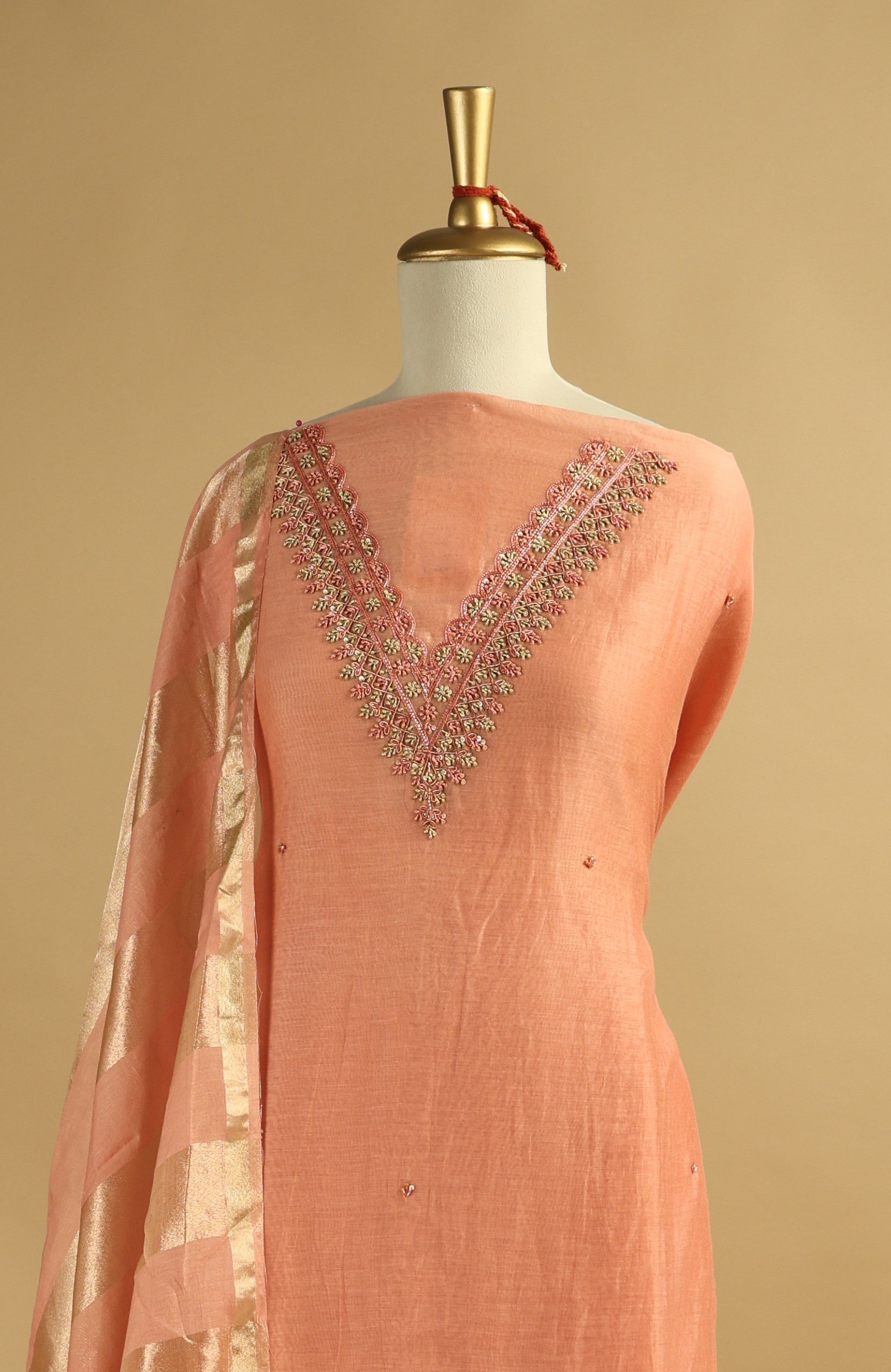 Peach Hand Embroidered Unstitched Chanderi Suit Set with Gold Tissue Striped Dupatta