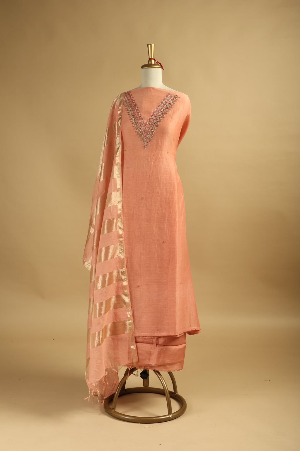 Peach Hand Embroidered Unstitched Chanderi Suit Set with Gold Tissue Striped Dupatta