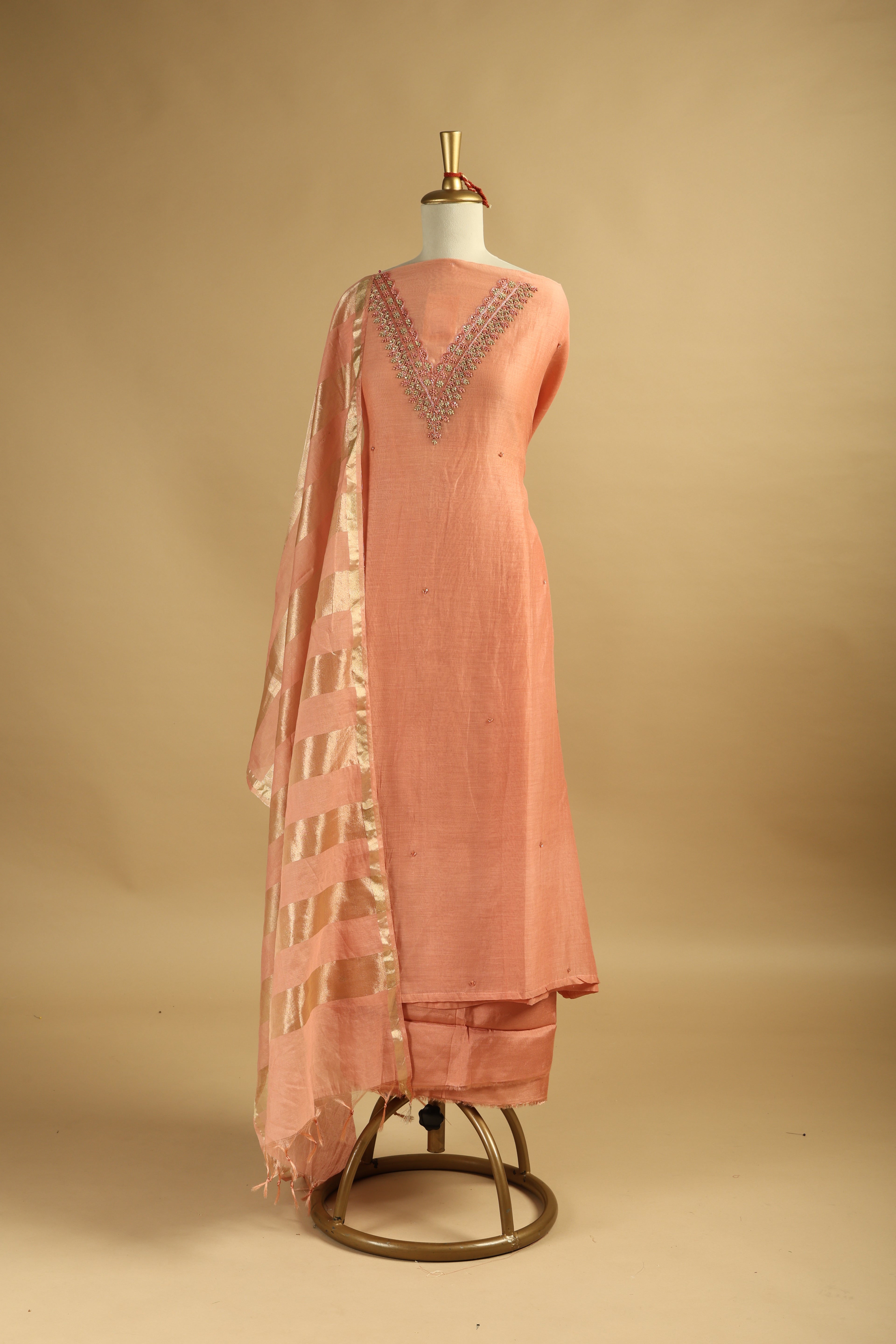 Peach Hand Embroidered Unstitched Chanderi Suit Set with Gold Tissue Striped Dupatta