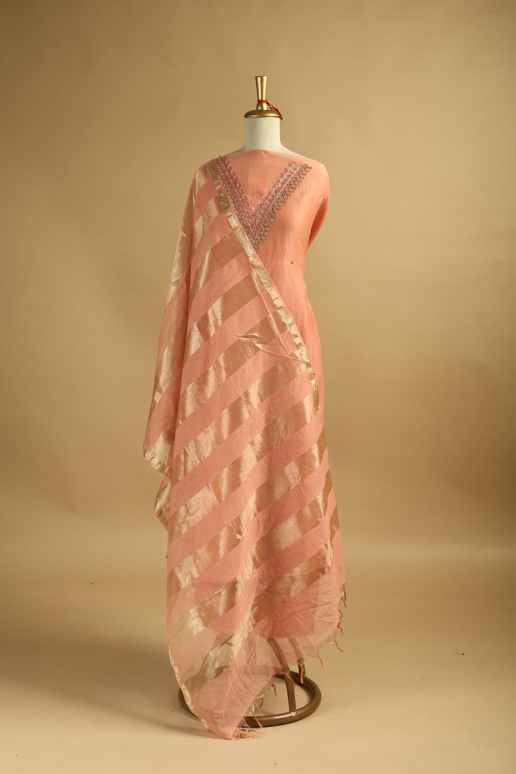 Peach Hand Embroidered Unstitched Chanderi Suit Set with Gold Tissue Striped Dupatta