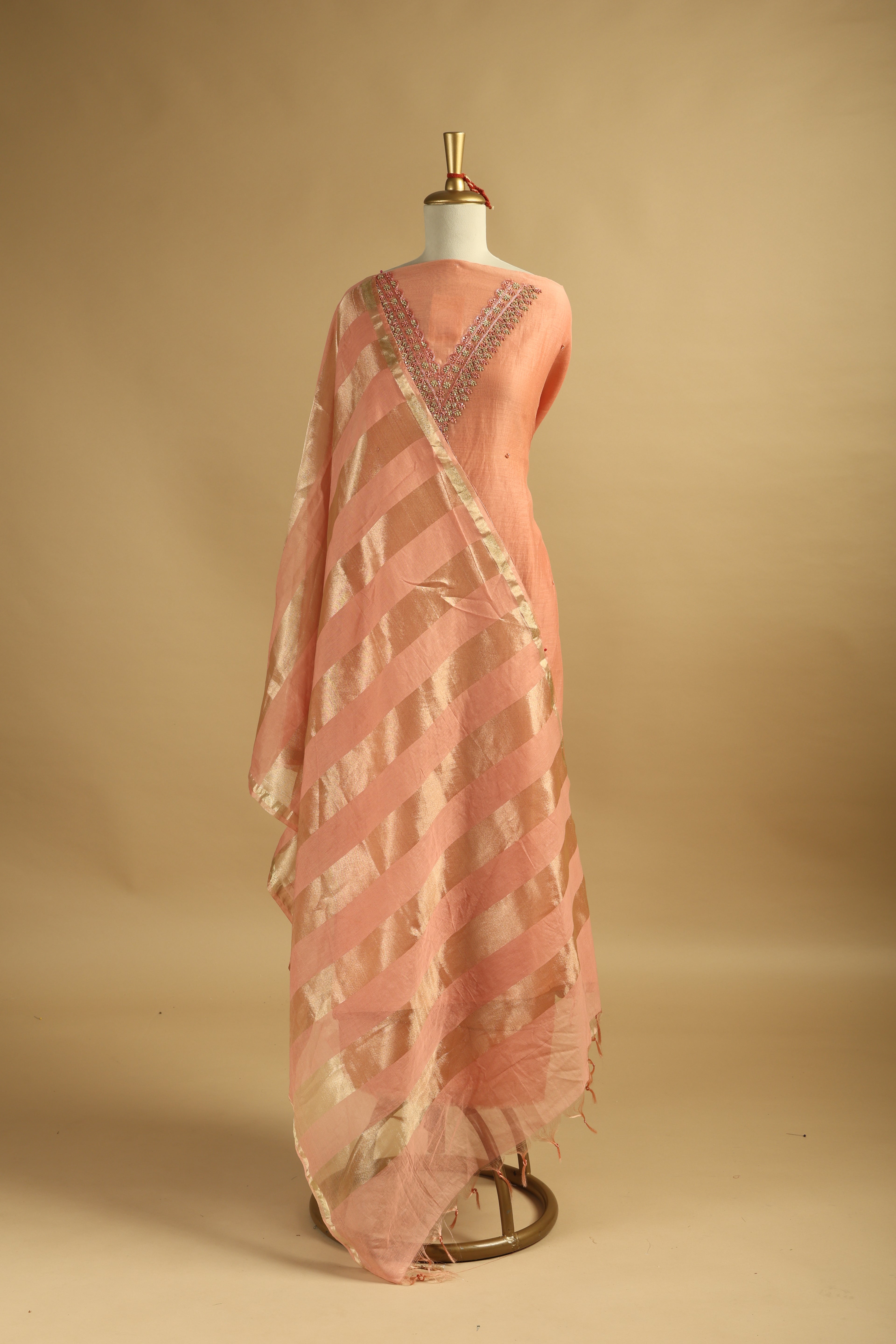 Peach Hand Embroidered Unstitched Chanderi Suit Set with Gold Tissue Striped Dupatta