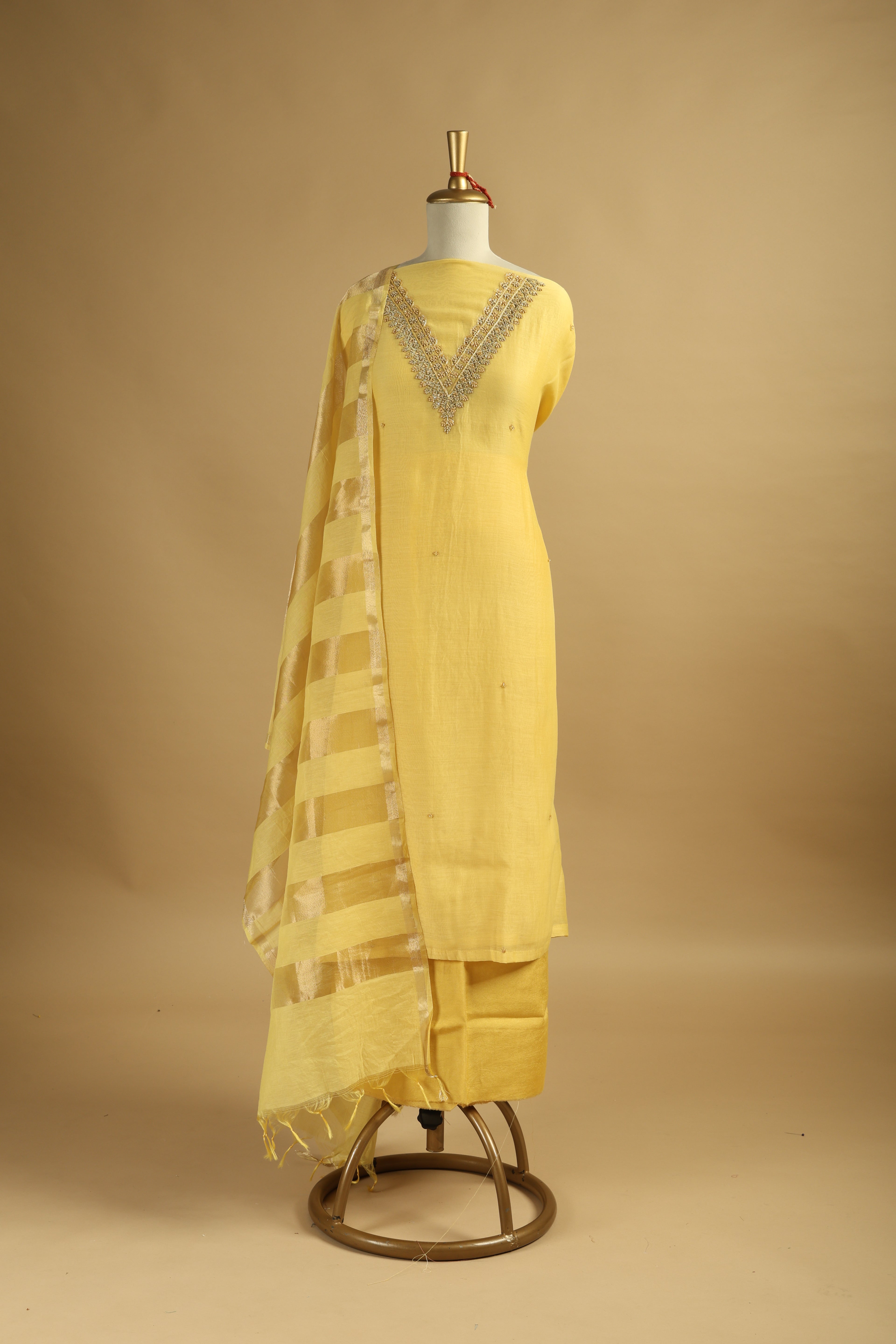 Yellow Hand Embroidered Unstitched Chanderi Suit Set with Gold Tissue Striped Dupatta