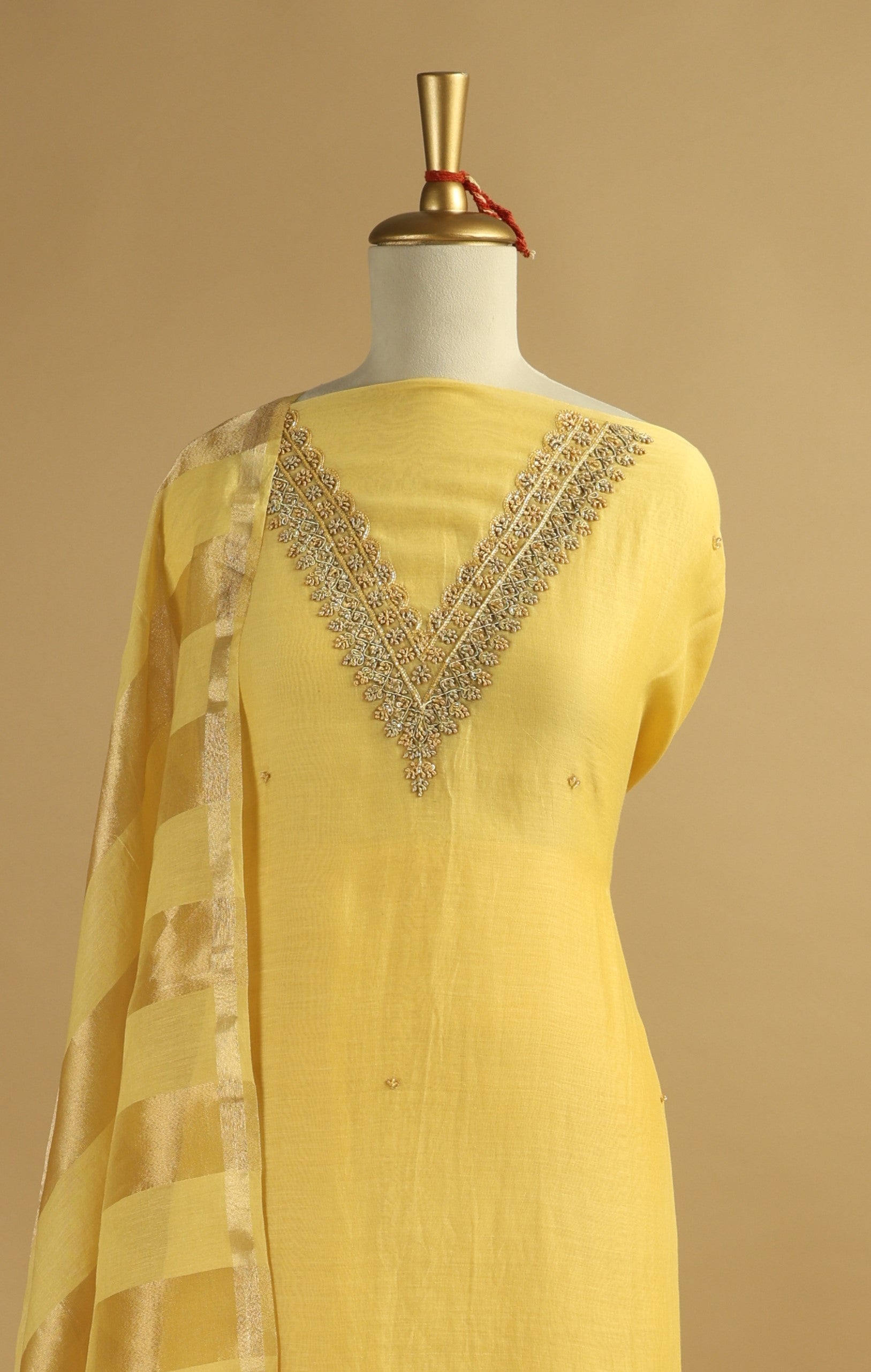 Yellow Hand Embroidered Unstitched Chanderi Suit Set with Gold Tissue Striped Dupatta