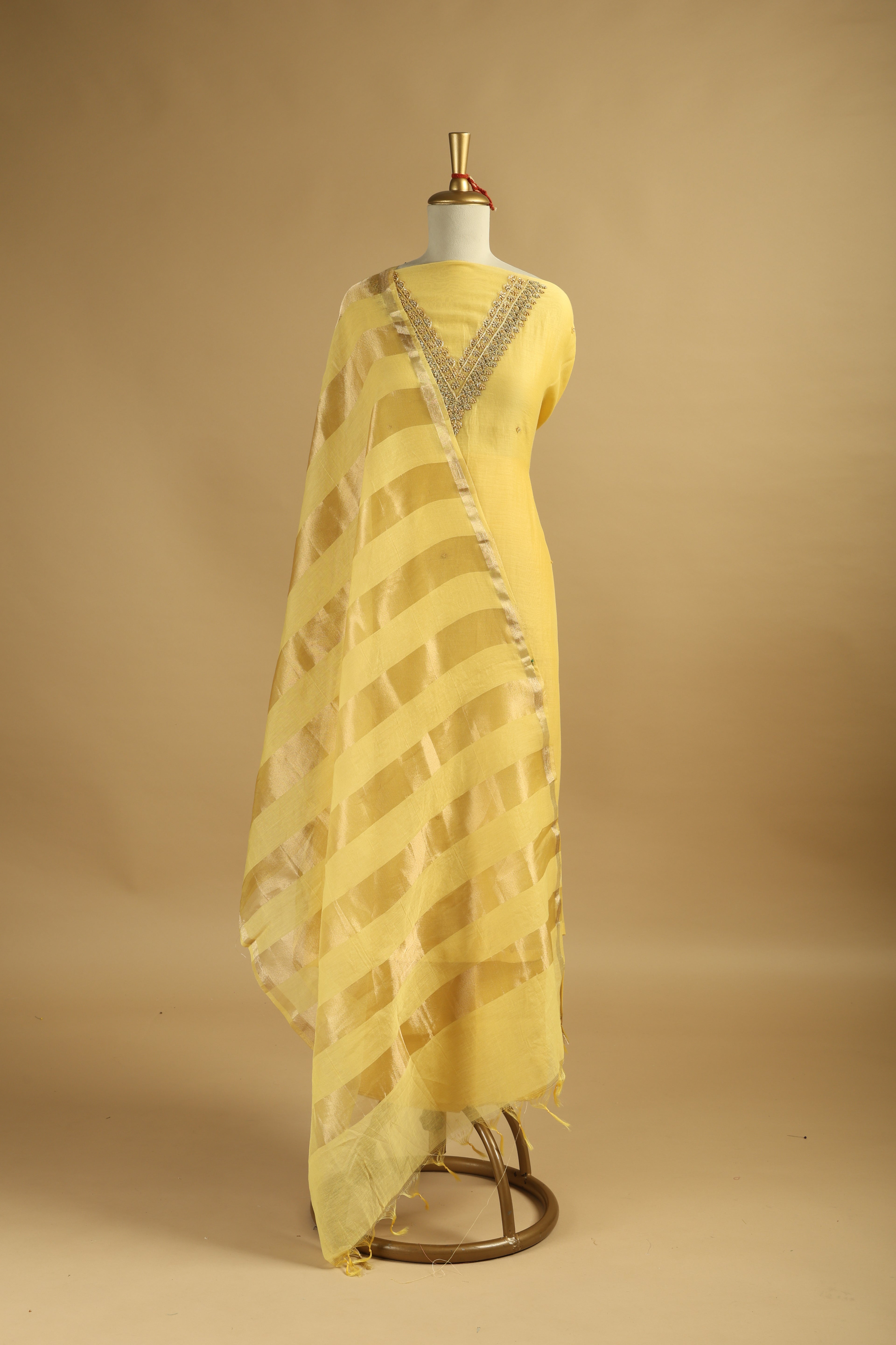 Yellow Hand Embroidered Unstitched Chanderi Suit Set with Gold Tissue Striped Dupatta