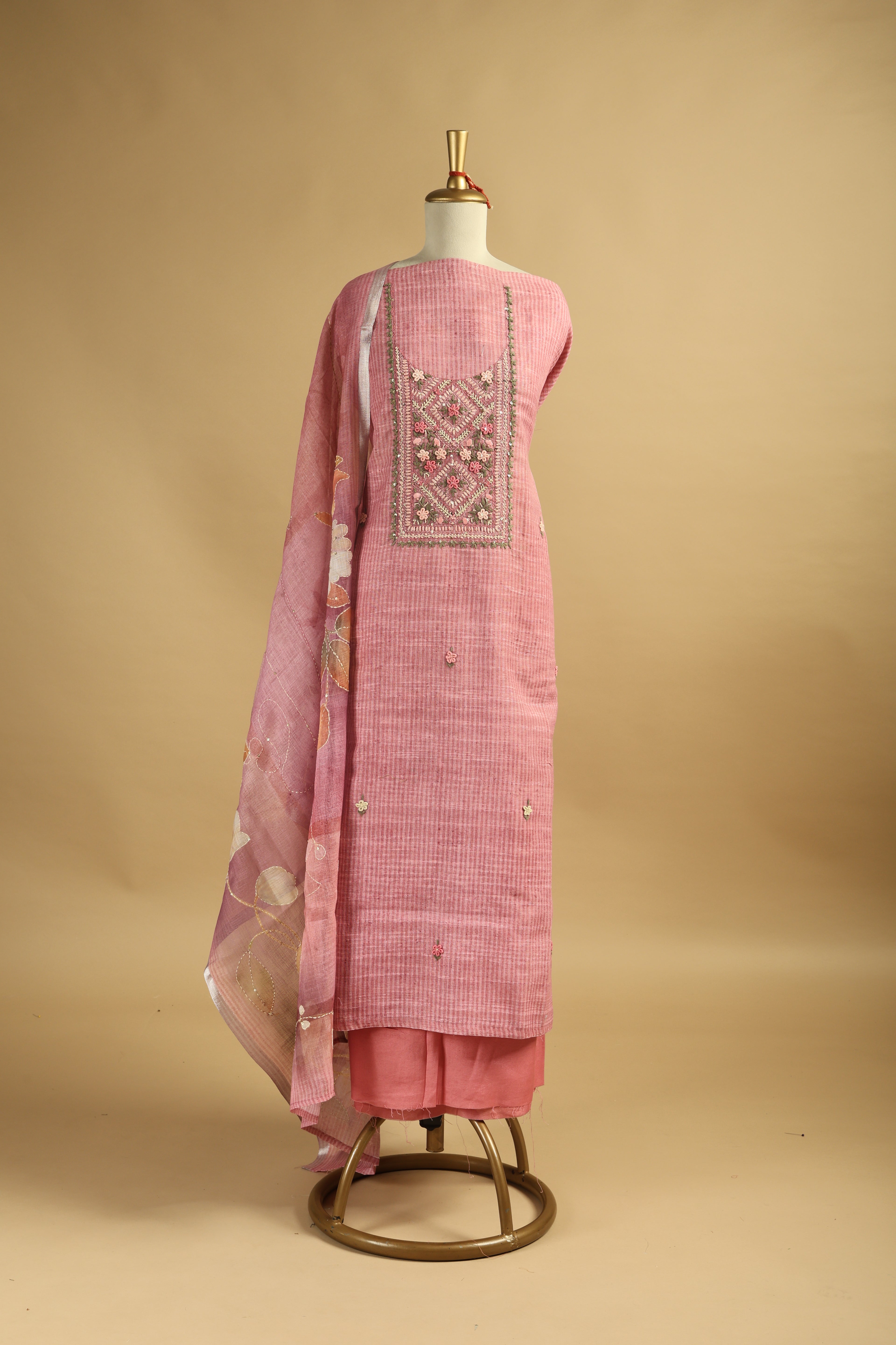 Pink Jamdani Unstitched Suit Set in Chanderi with Embroidery