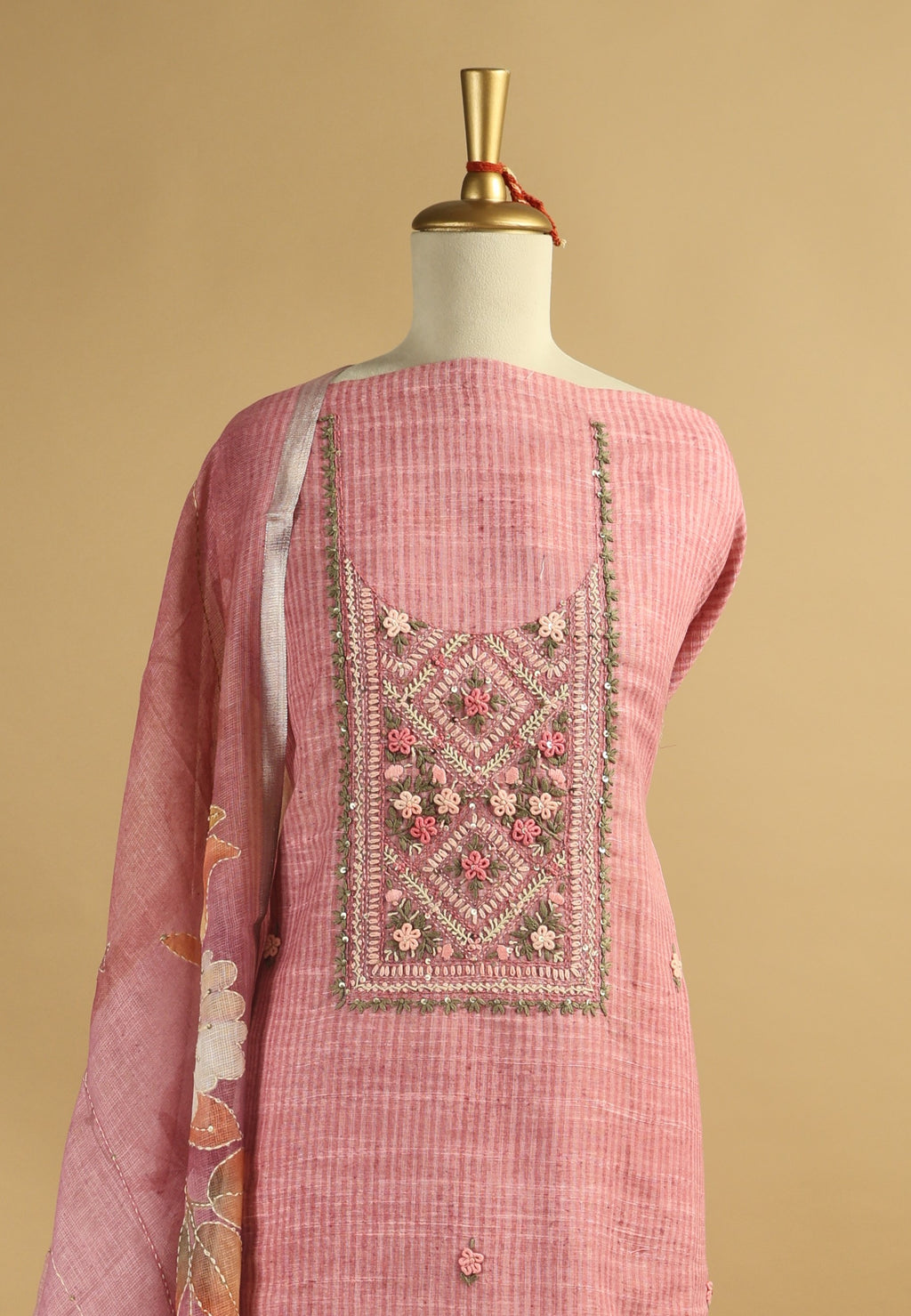 Pink Jamdani Unstitched Suit Set in Chanderi with Embroidery