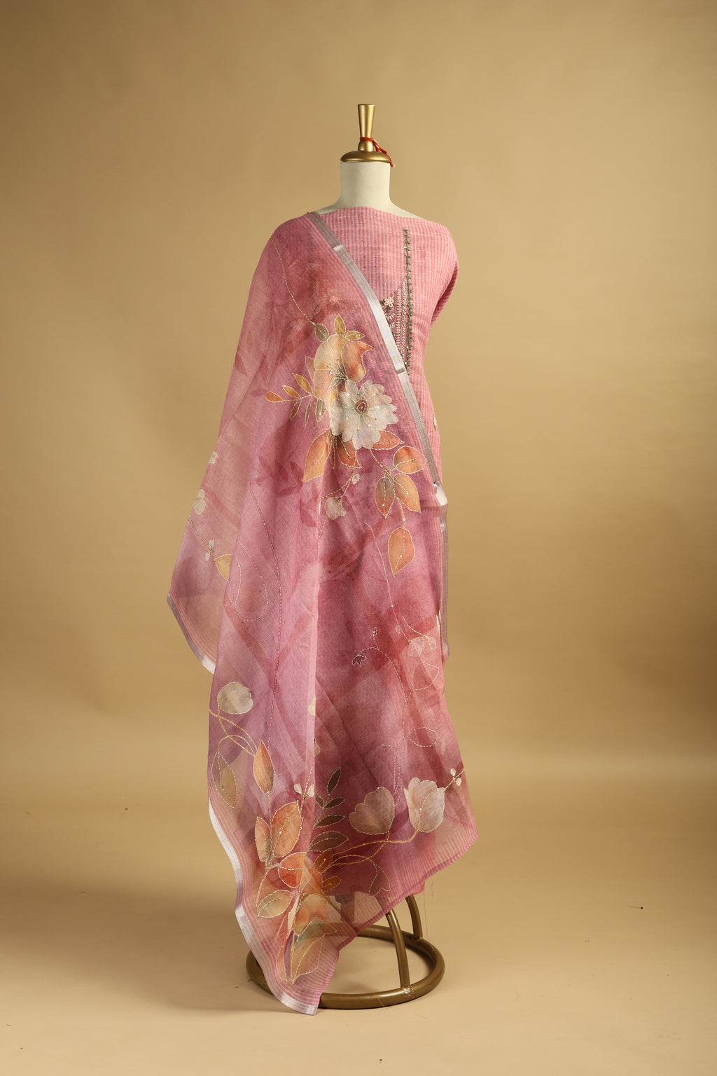 Pink Jamdani Unstitched Suit Set in Chanderi with Embroidery