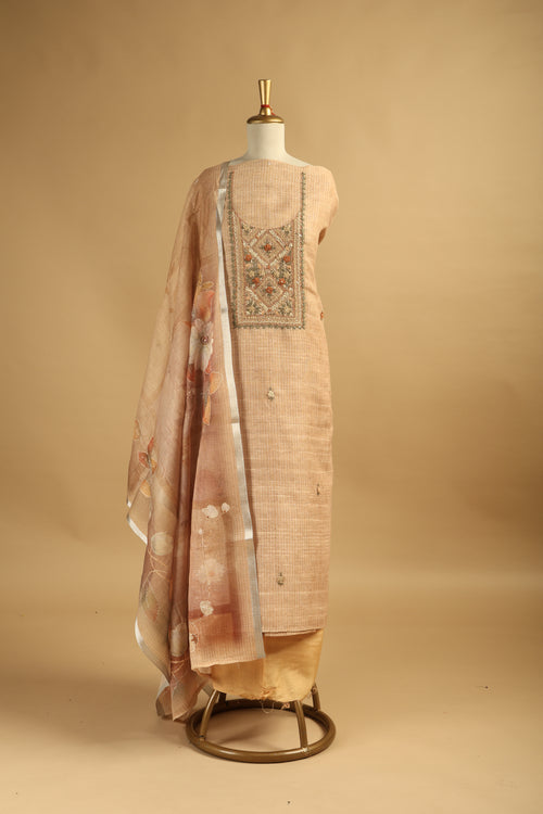 Beige Embroidered Unstitched Suit Set in Chanderi