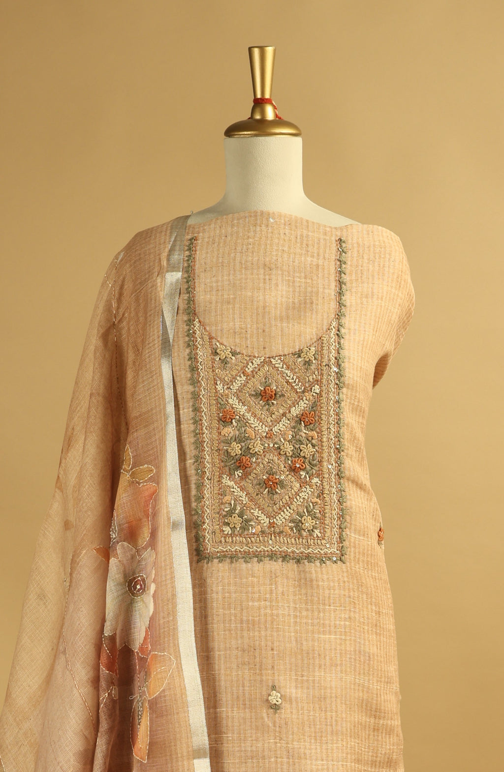 Beige Embroidered Unstitched Suit Set in Chanderi