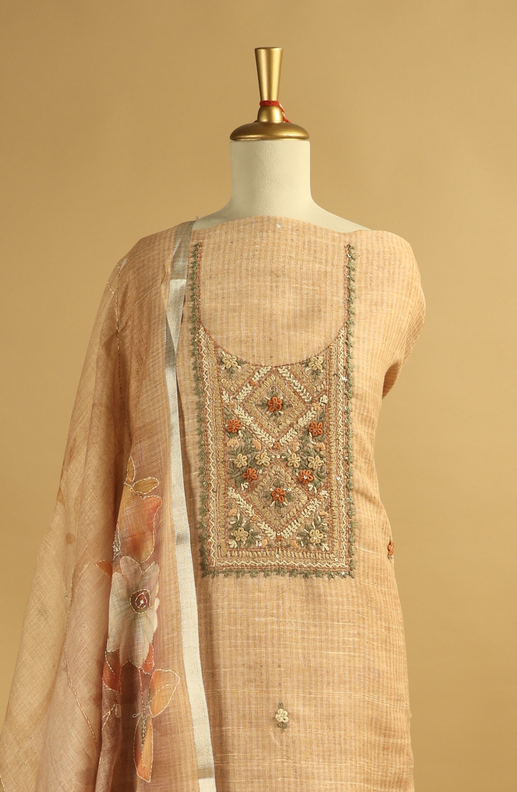 Beige Embroidered Unstitched Suit Set in Chanderi