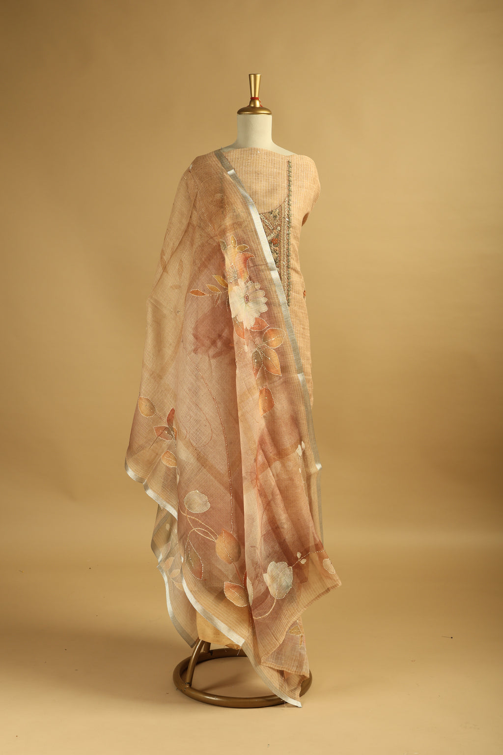 Beige Embroidered Unstitched Suit Set in Chanderi