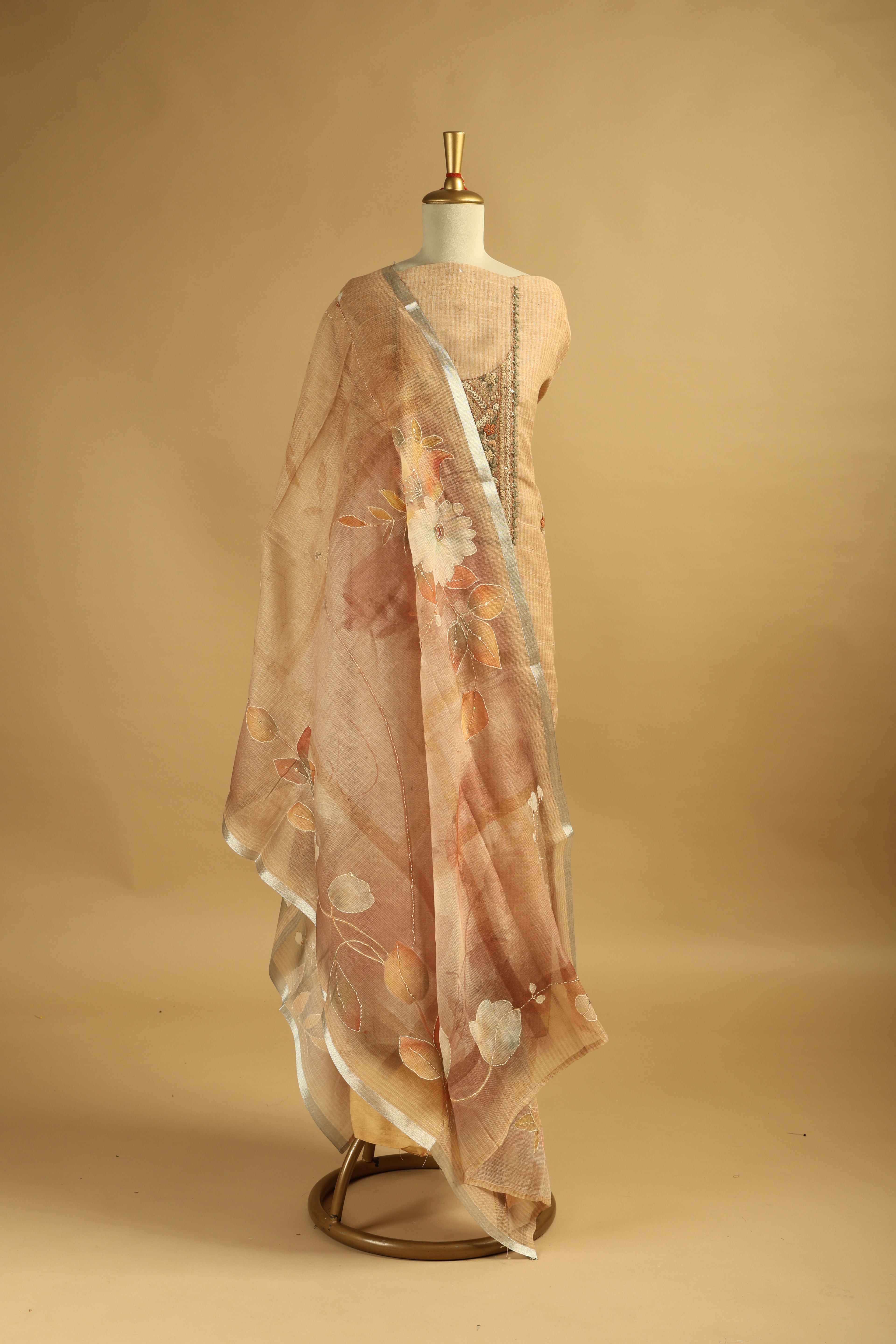 Beige Embroidered Unstitched Suit Set in Chanderi