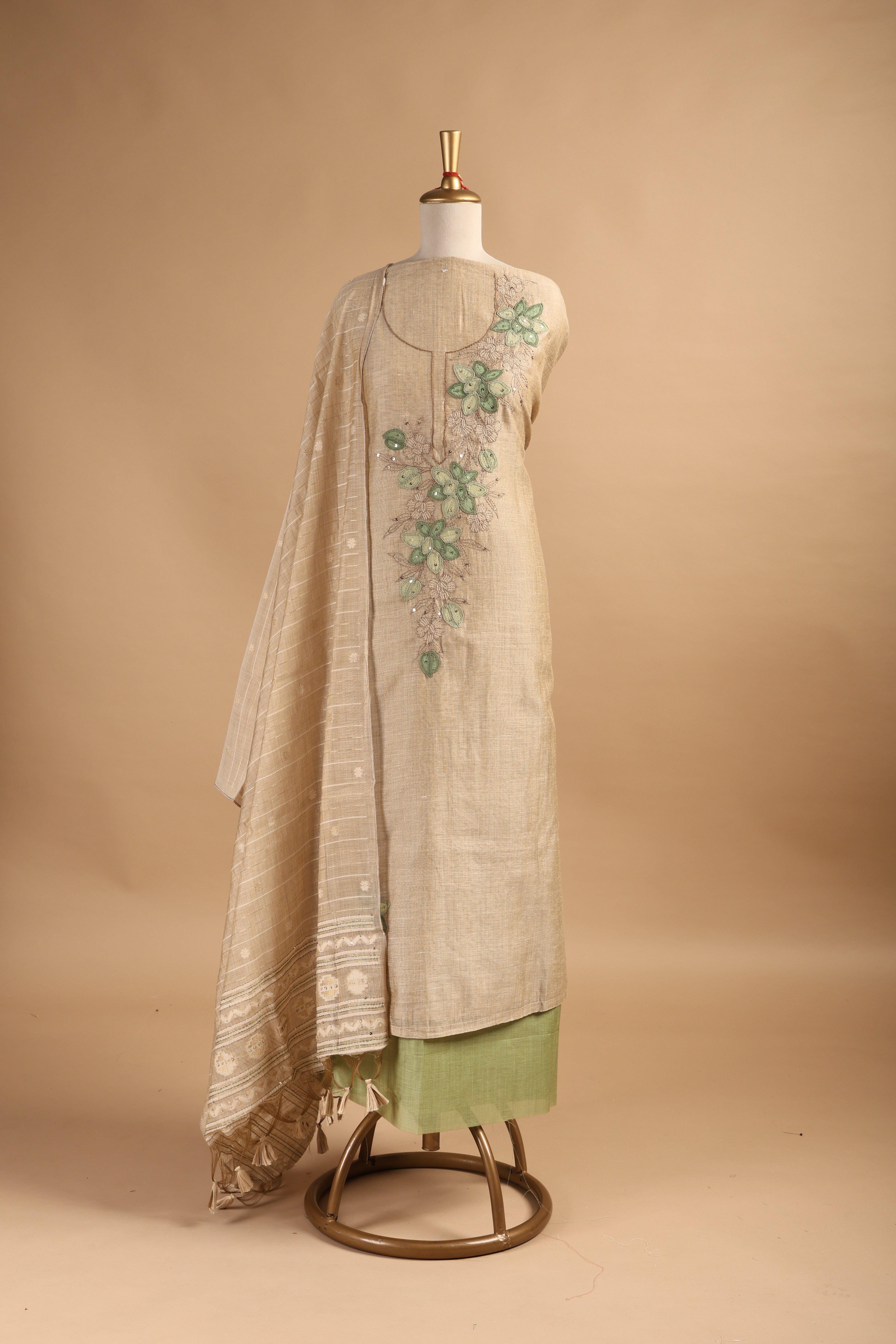 Beige Embroidered Unstitched Suit Set in Chanderi with Jamdani Weave Dupatta