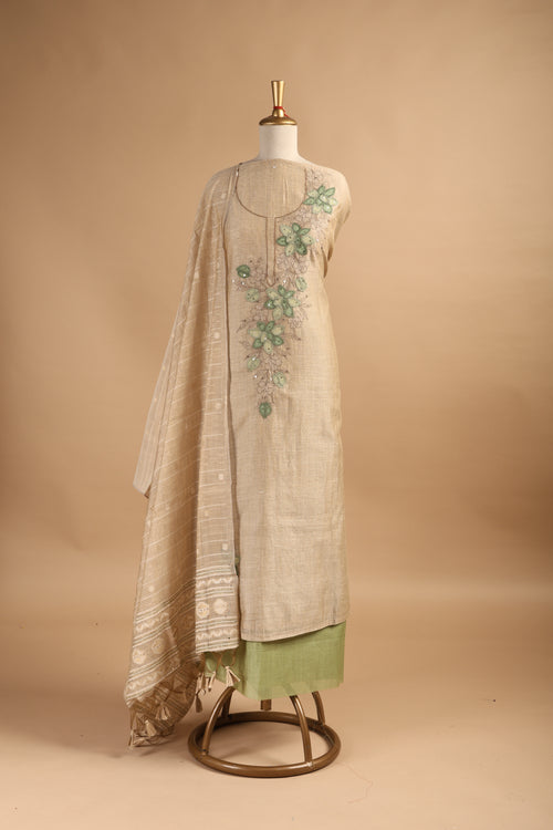 Beige Embroidered Unstitched Suit Set in Chanderi with Jamdani Weave Dupatta