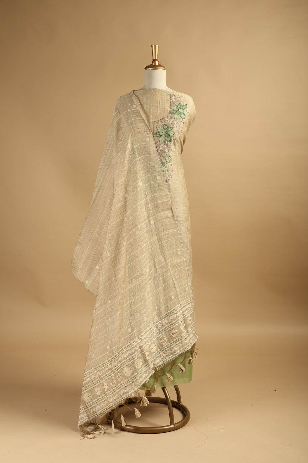 Beige Embroidered Unstitched Suit Set in Chanderi with Jamdani Weave Dupatta