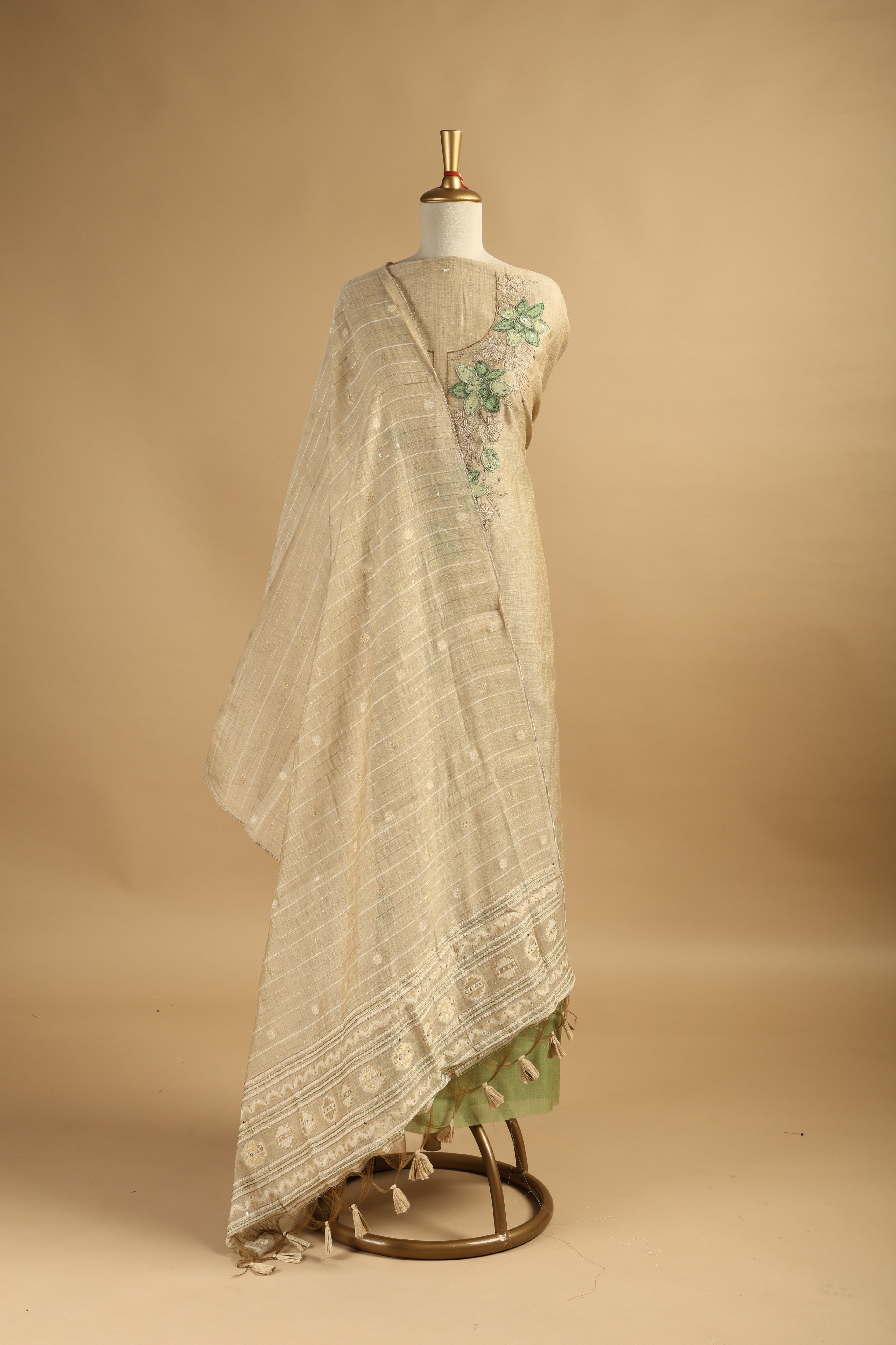 Beige Embroidered Unstitched Suit Set in Chanderi with Jamdani Weave Dupatta