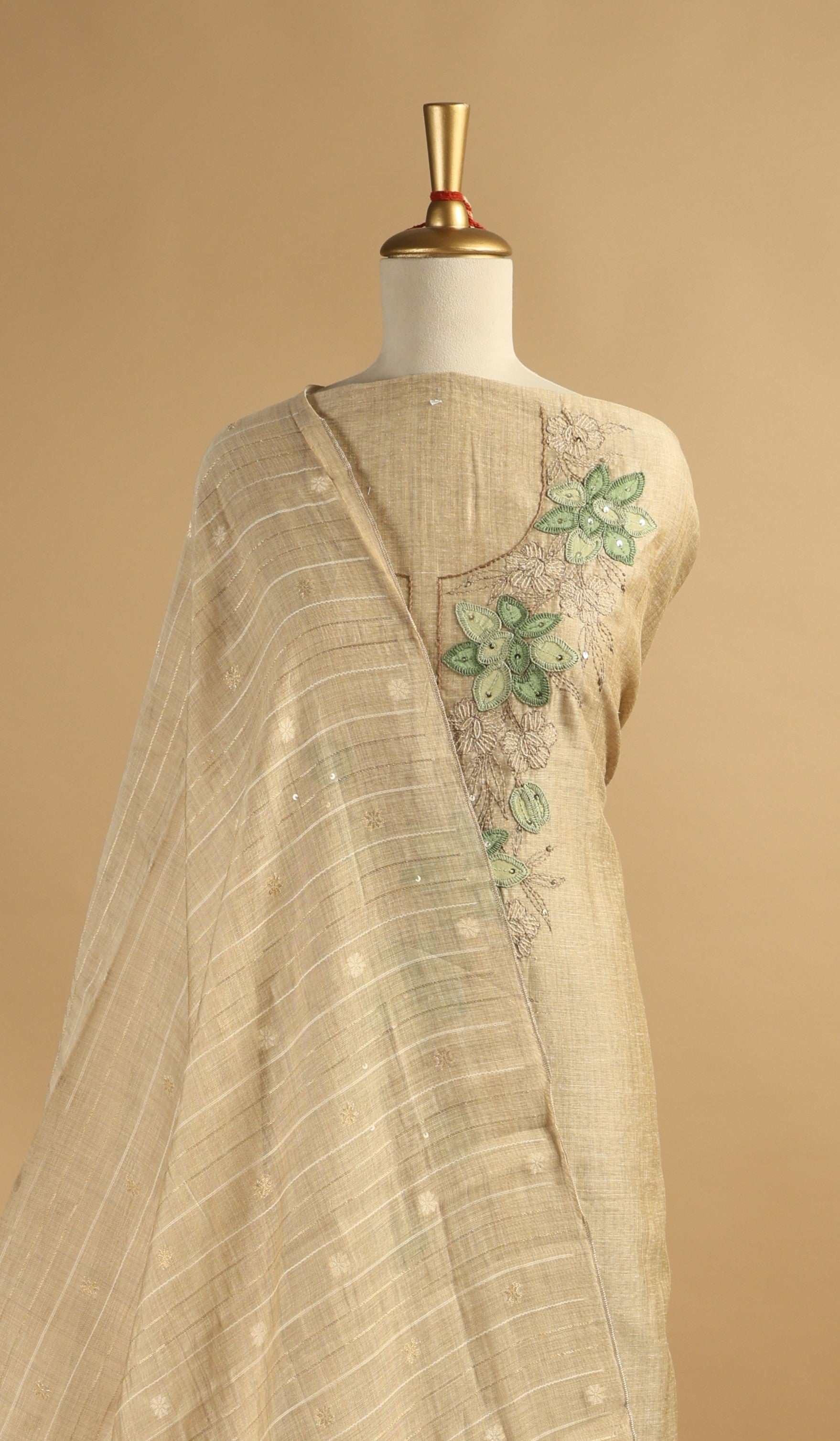 Beige Embroidered Unstitched Suit Set in Chanderi with Jamdani Weave Dupatta