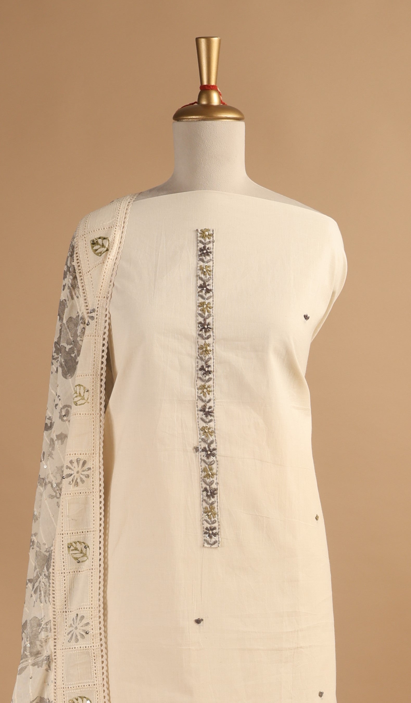 Hand Block Printed Cotton Unstitched 3-Piece Suit Set with French Knots & Sequence Work