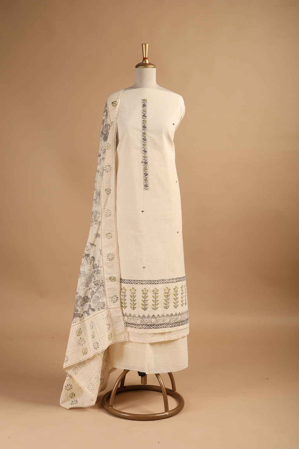 Hand Block Printed Cotton Unstitched 3-Piece Suit Set with French Knots & Sequence Work