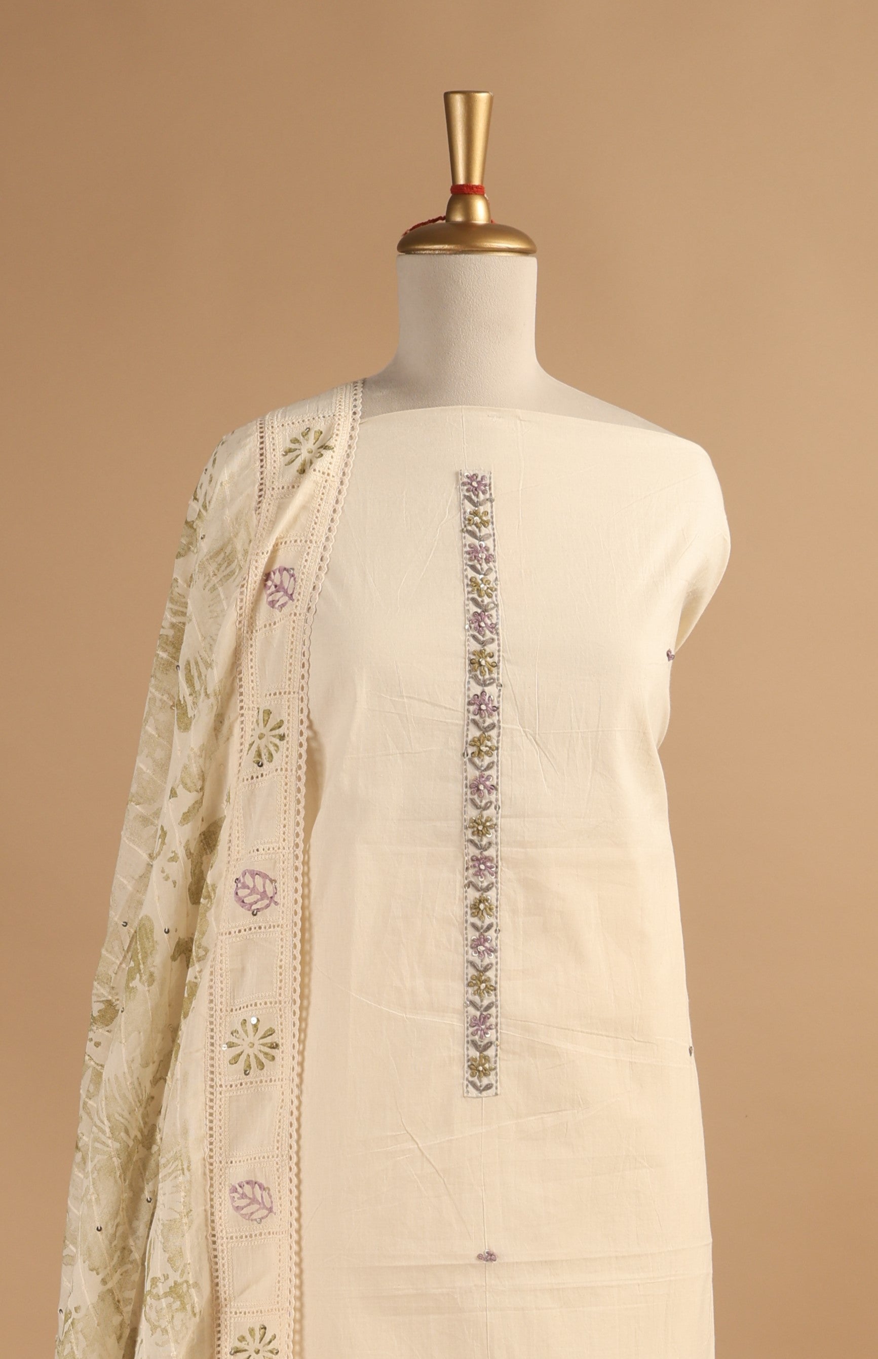 Hand Block Printed Cotton Unstitched 3-Piece Suit Set with French Knots & Sequence Work