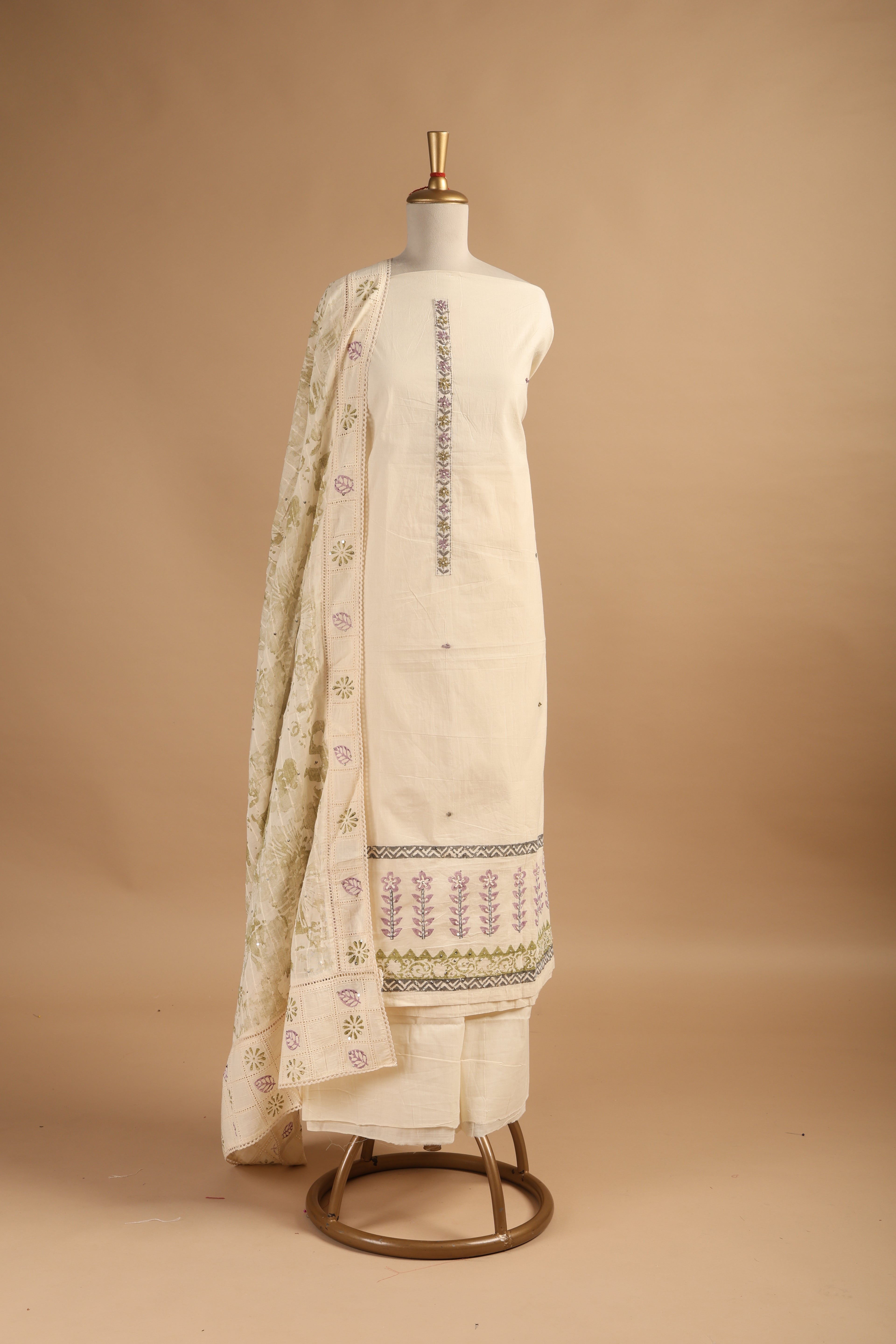 Hand Block Printed Cotton Unstitched 3-Piece Suit Set with French Knots & Sequence Work