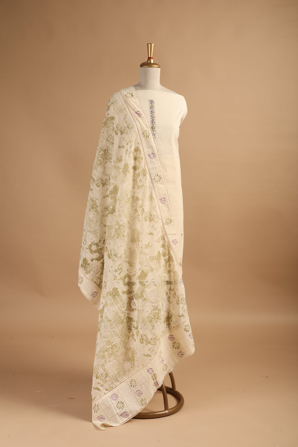 Hand Block Printed Cotton Unstitched 3-Piece Suit Set with French Knots & Sequence Work