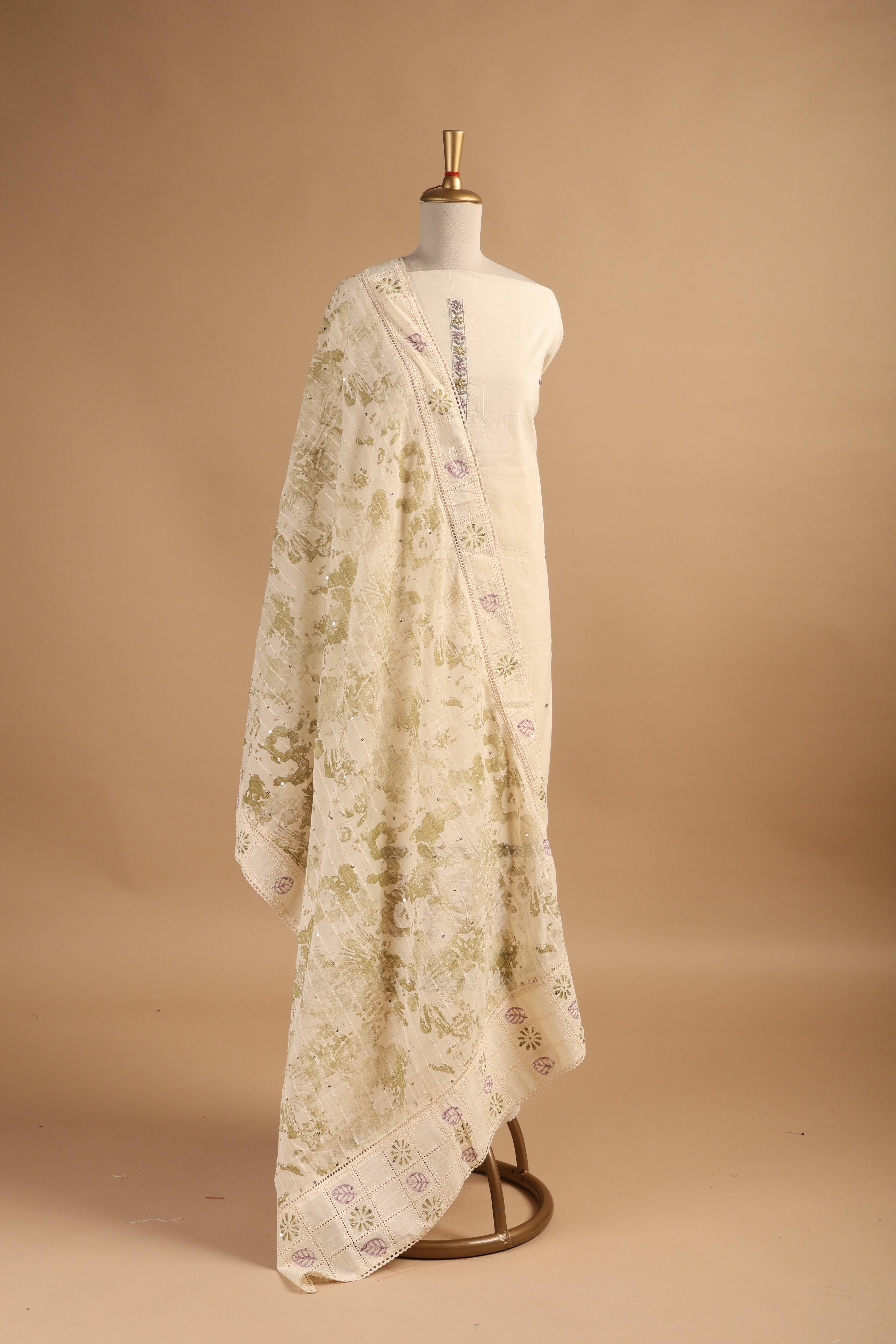 Hand Block Printed Cotton Unstitched 3-Piece Suit Set with French Knots & Sequence Work