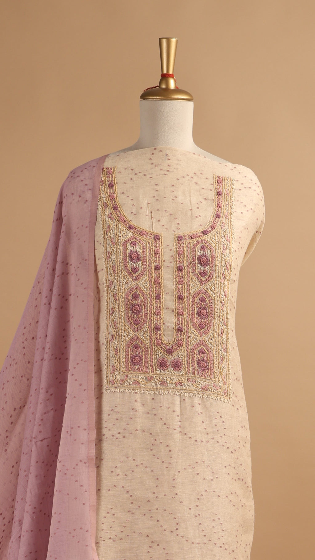 Ivory & Mauve Unstitched Suit Set in Linen with French Knots Embroidery & Digital Print Dupatta