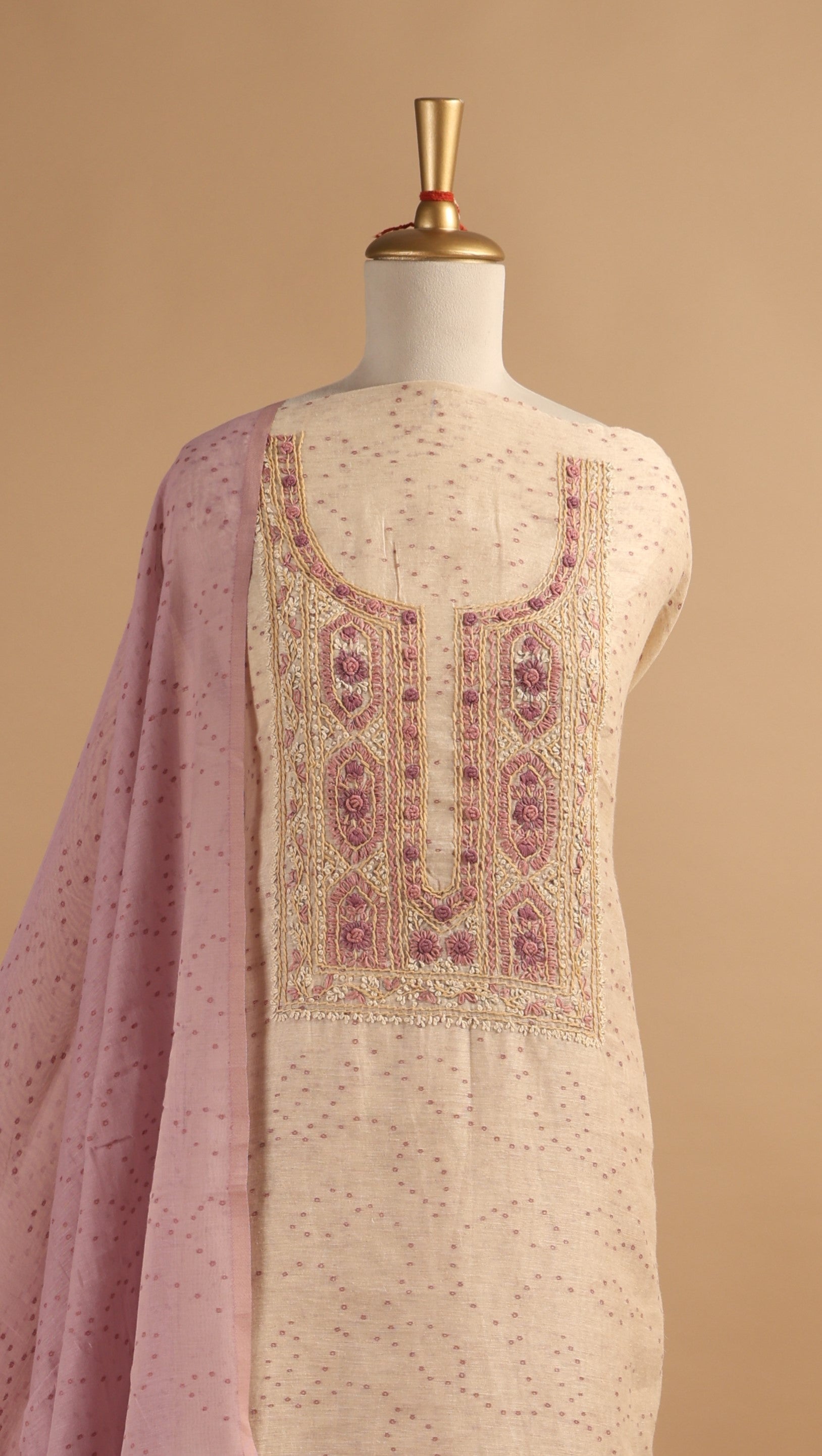 Ivory & Mauve Unstitched Suit Set in Linen with French Knots Embroidery & Digital Print Dupatta