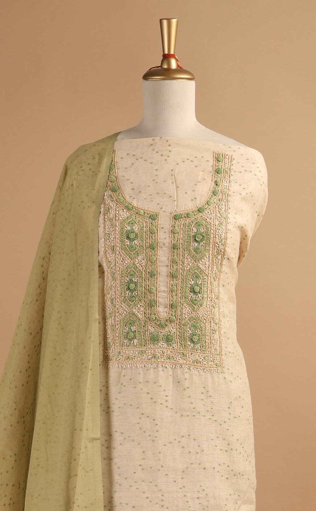 Ivory & Green Jamdani Unstitched Suit Set in Linen with French Knots Embroidery & Digital Print Dupatta